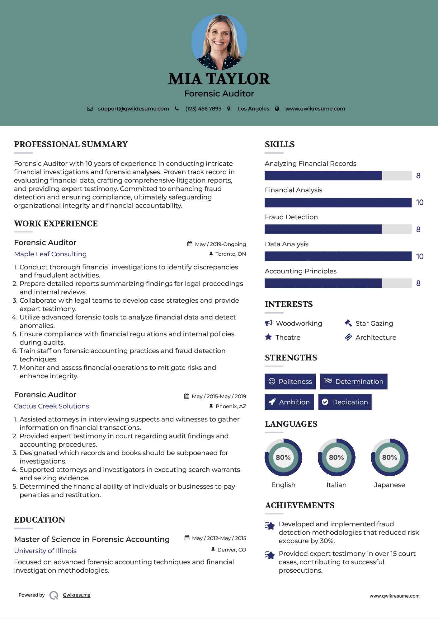 Forensic Auditor Resume Example