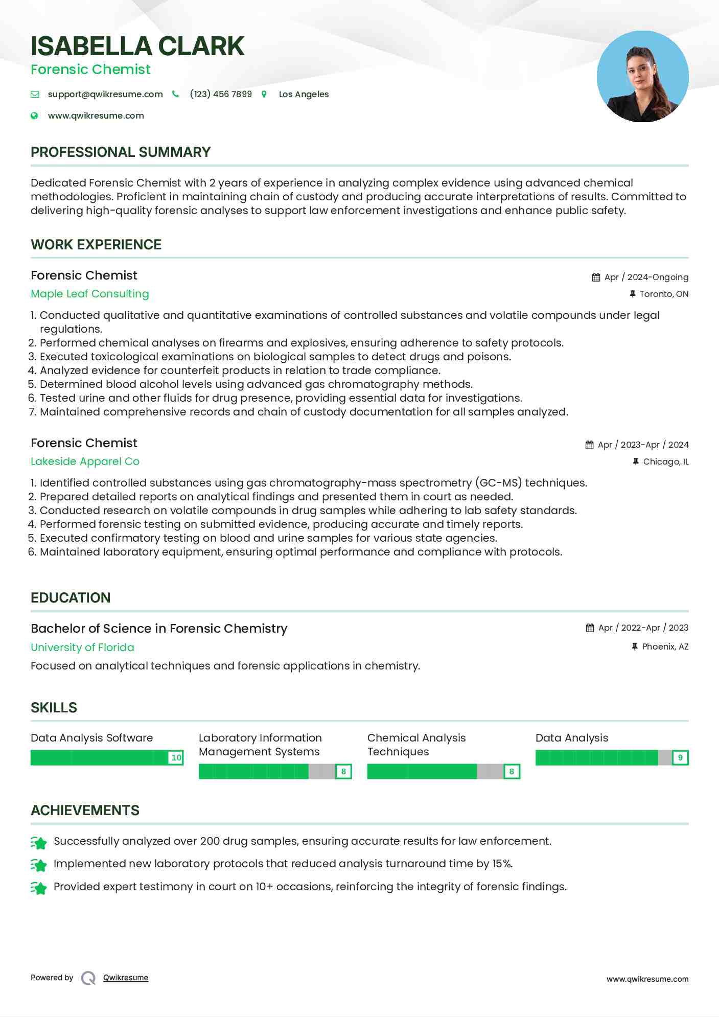 Forensic Chemist Resume Model