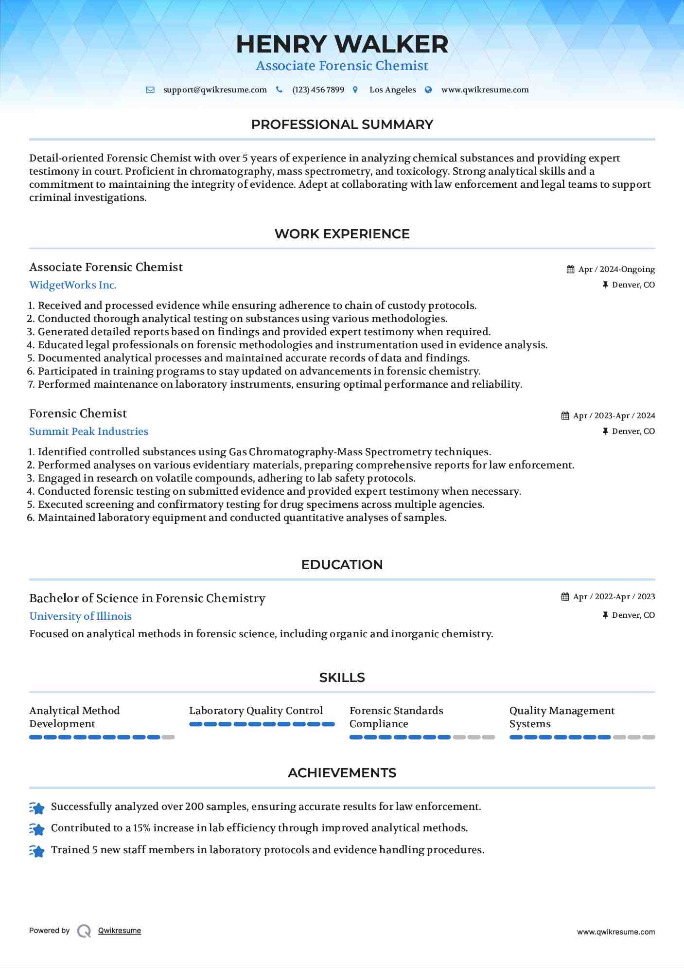 Associate Forensic Chemist Resume Example
