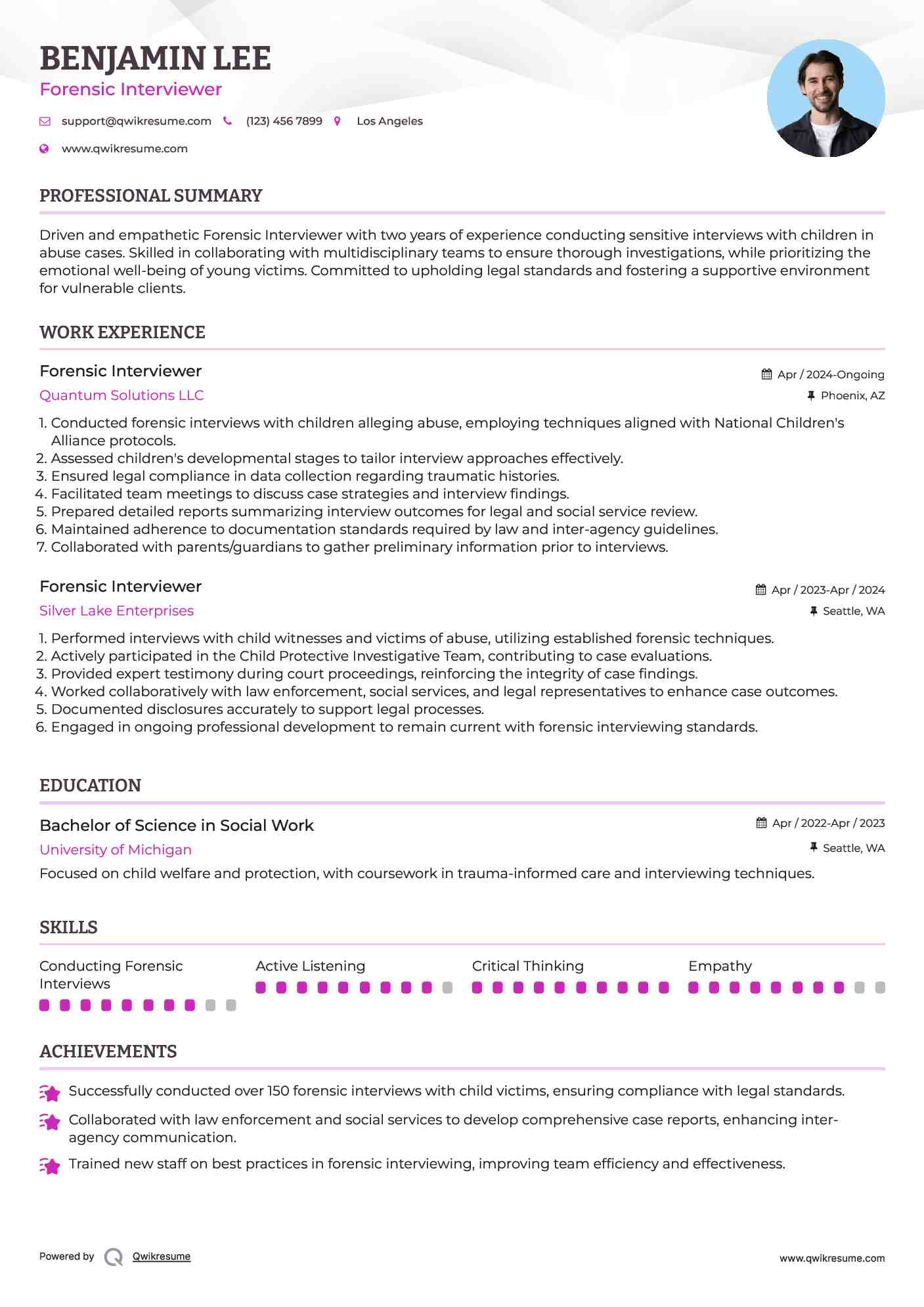 Forensic Interviewer Resume Model