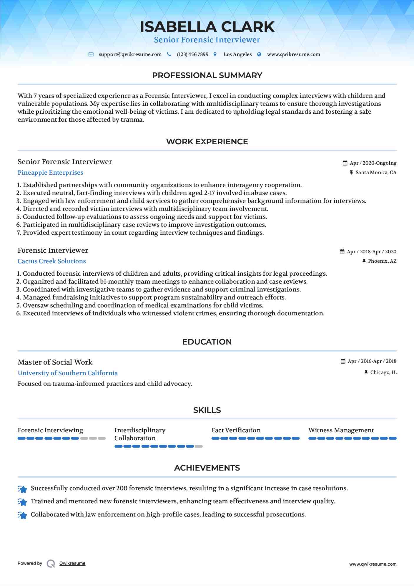 Senior Forensic Interviewer  Resume Example