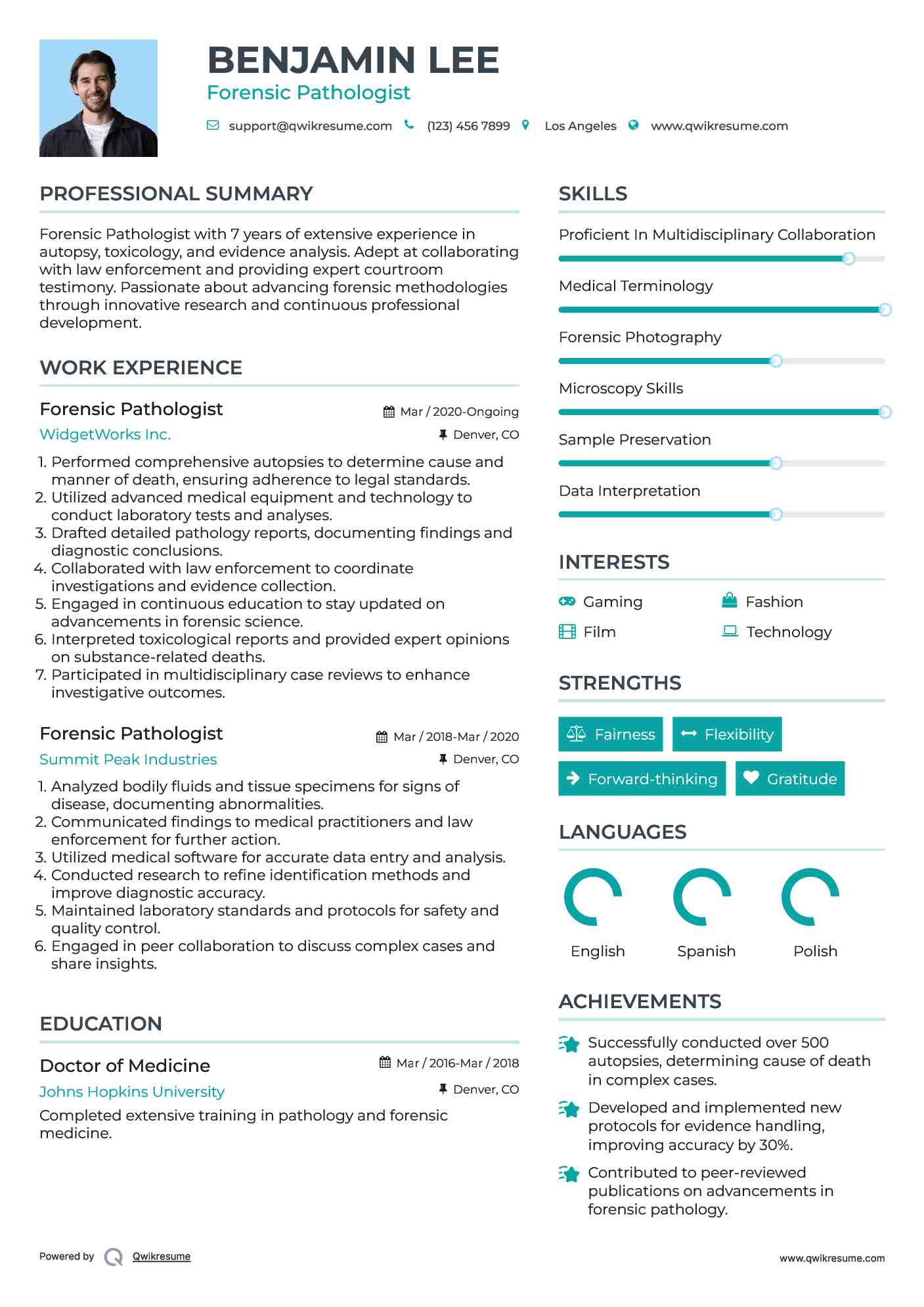 Forensic Pathologist Resume Sample