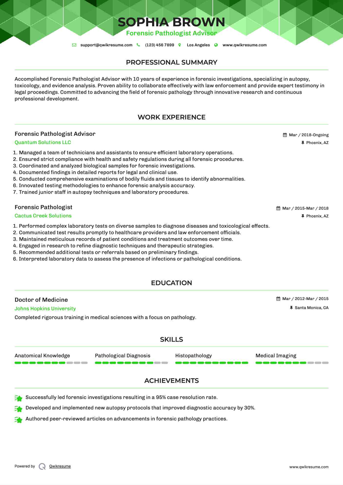 Forensic Pathologist Advisor Resume Sample