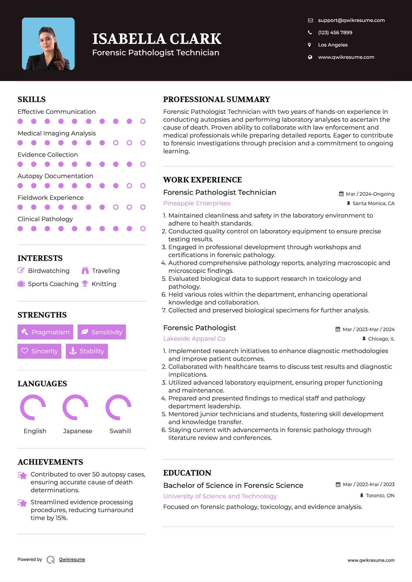 Forensic Pathologist Technician Resume Template