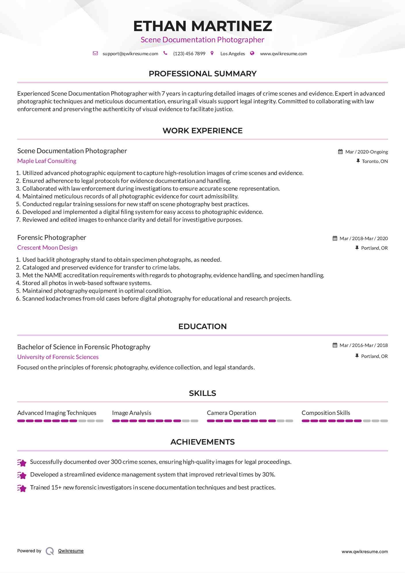 Scene Documentation Photographer Resume Model