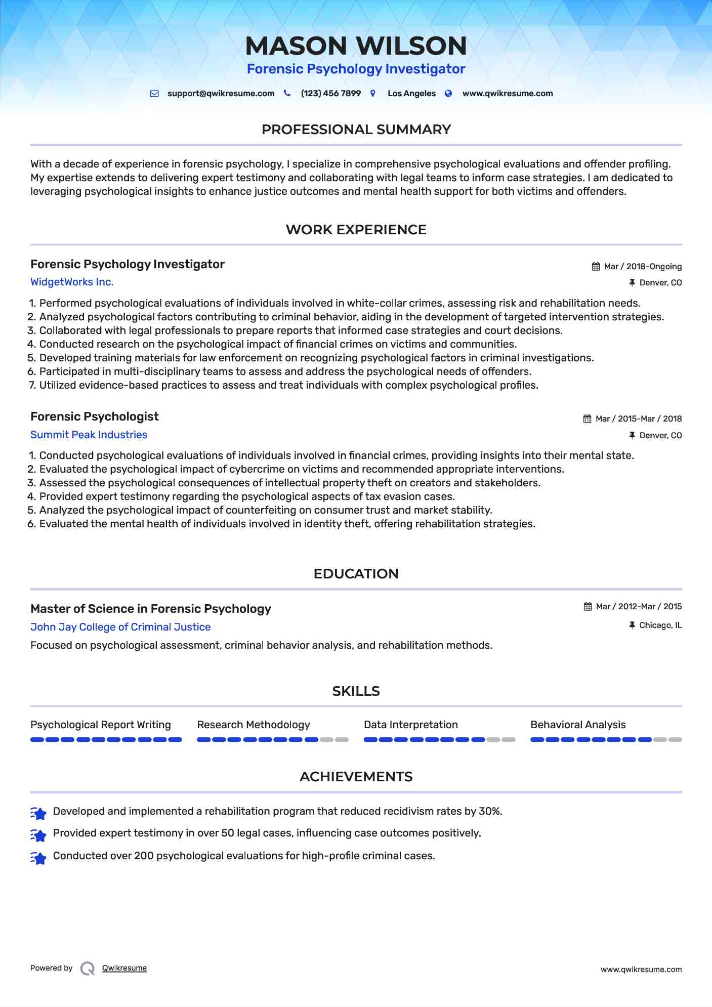 Forensic Psychology Investigator Resume Sample