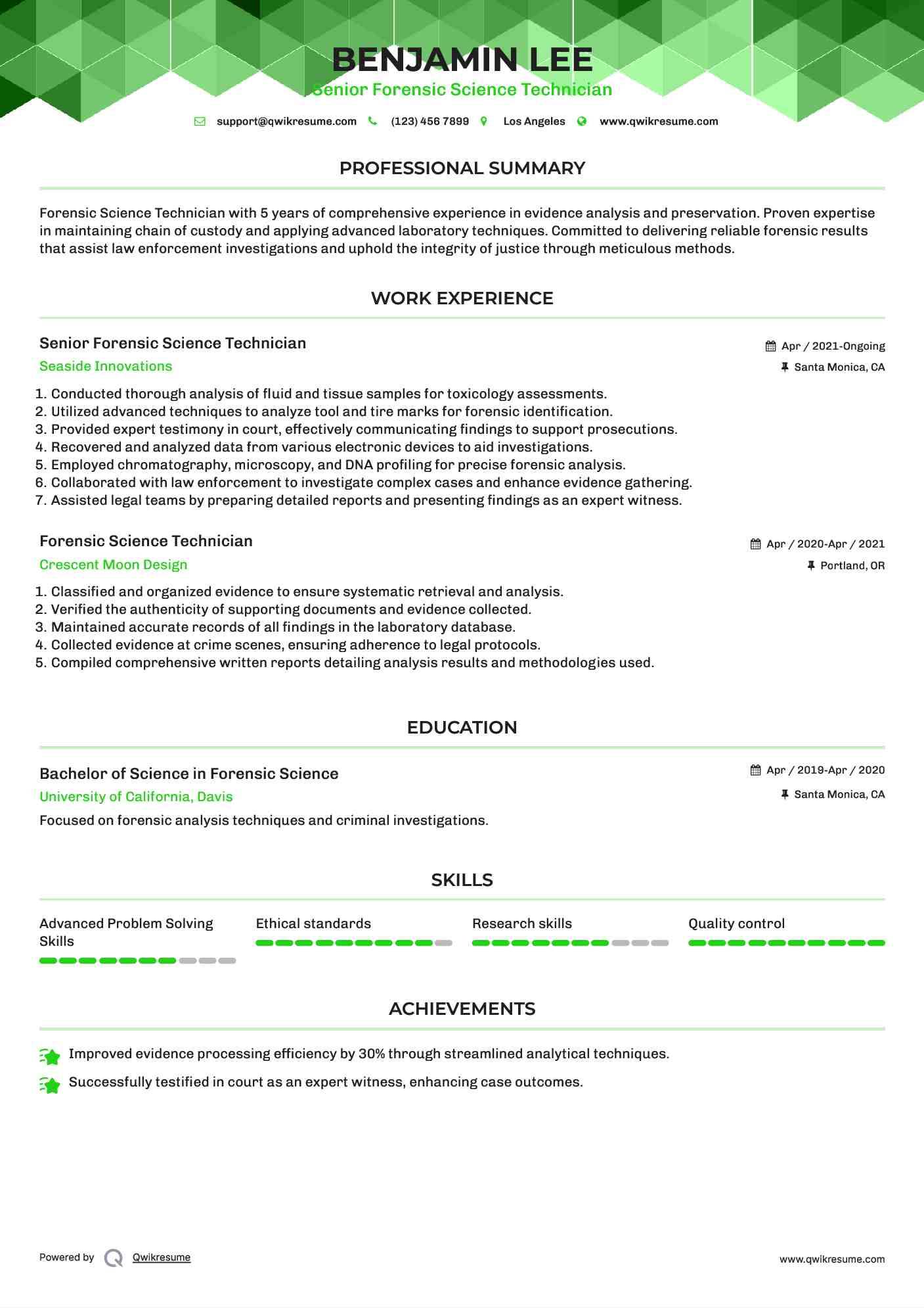 Senior Forensic Science Technician Resume Sample