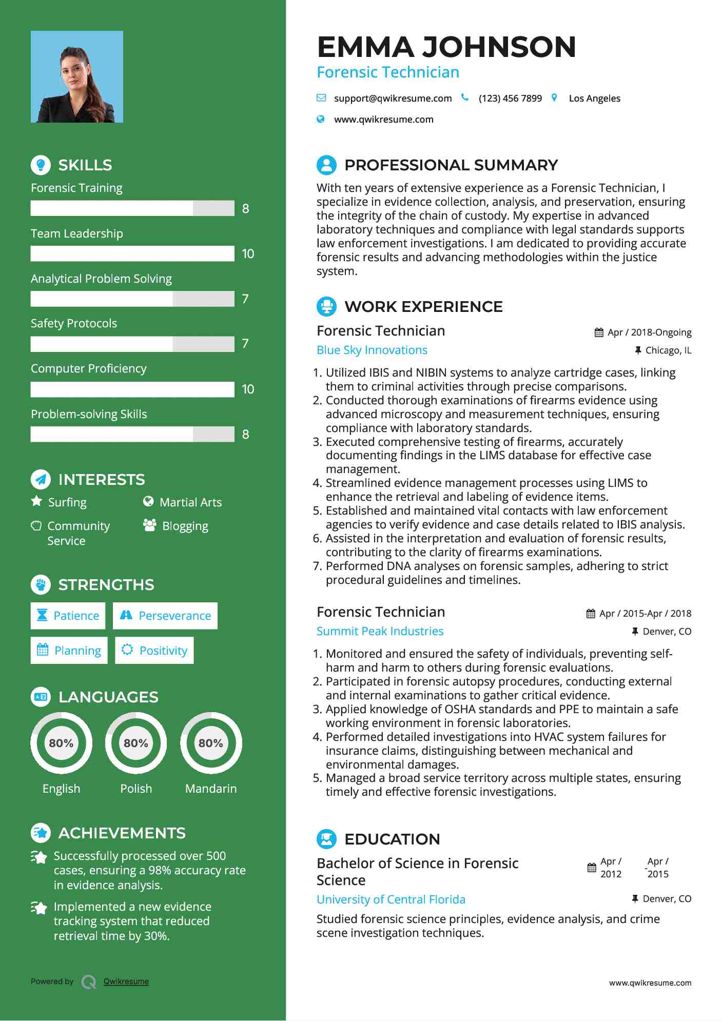 Forensic Technician Resume Sample
