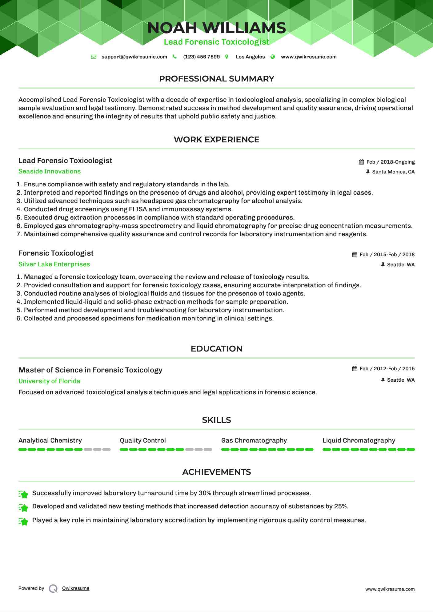 Lead Forensic Toxicologist Resume Format