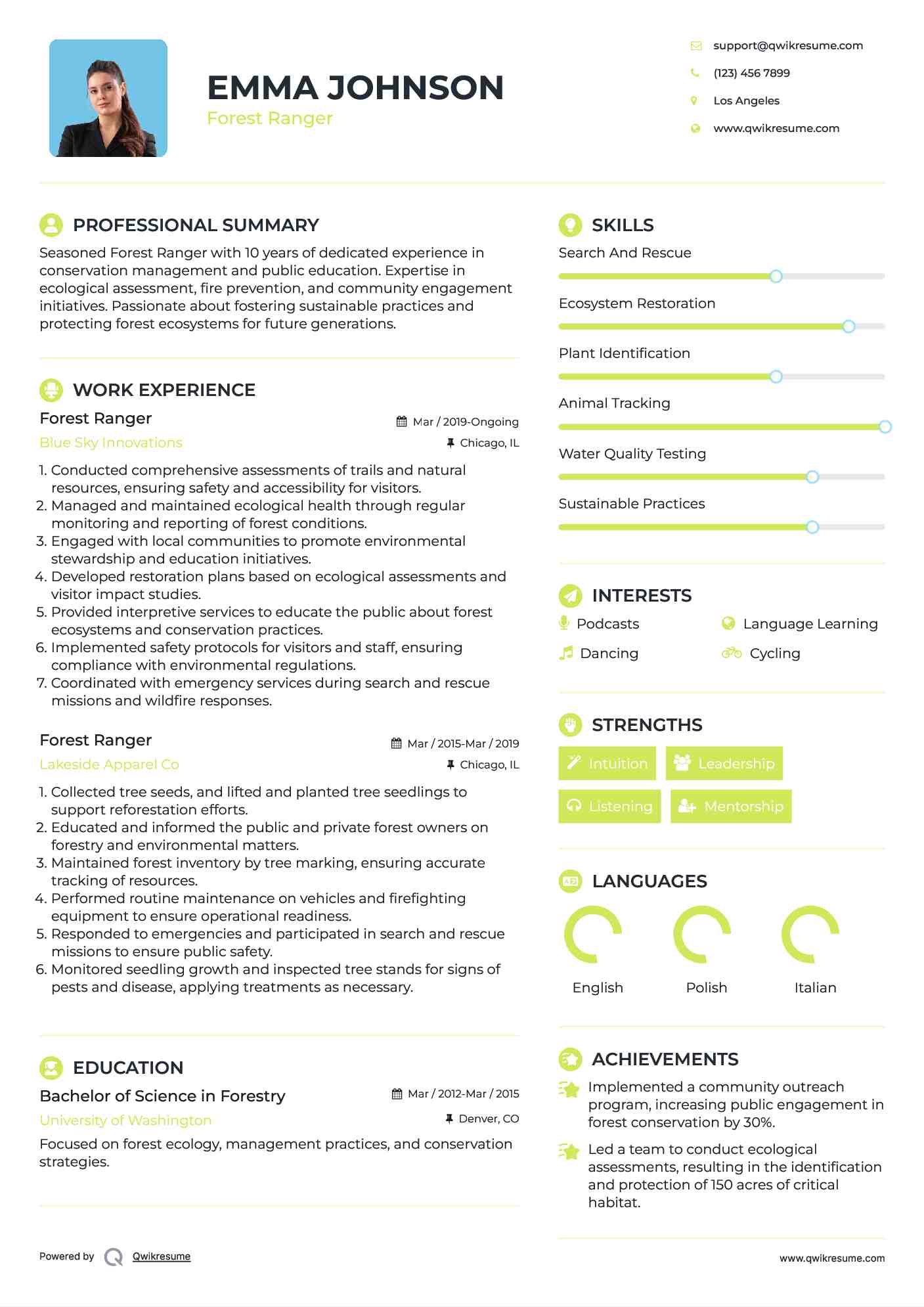Forest Ranger Resume Model