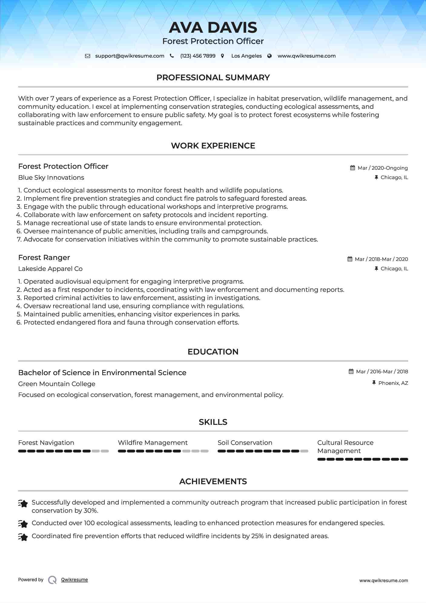 Forest Protection Officer Resume Example