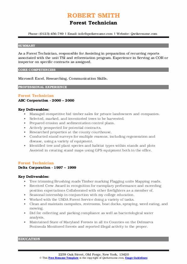Forest Technician Resume Samples QwikResume