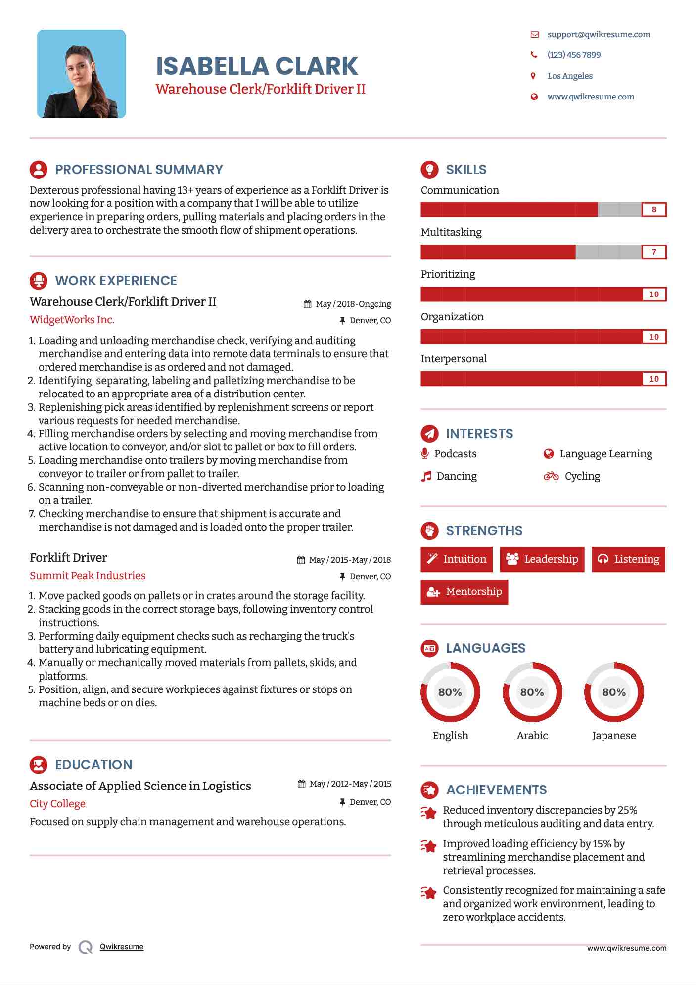 Warehouse Clerk/Forklift Driver II Resume Example