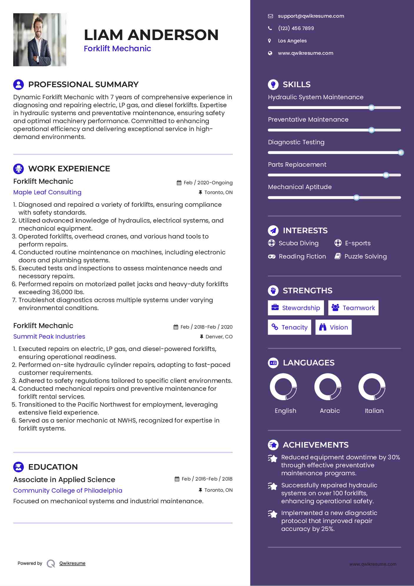 Forklift Mechanic Resume Sample