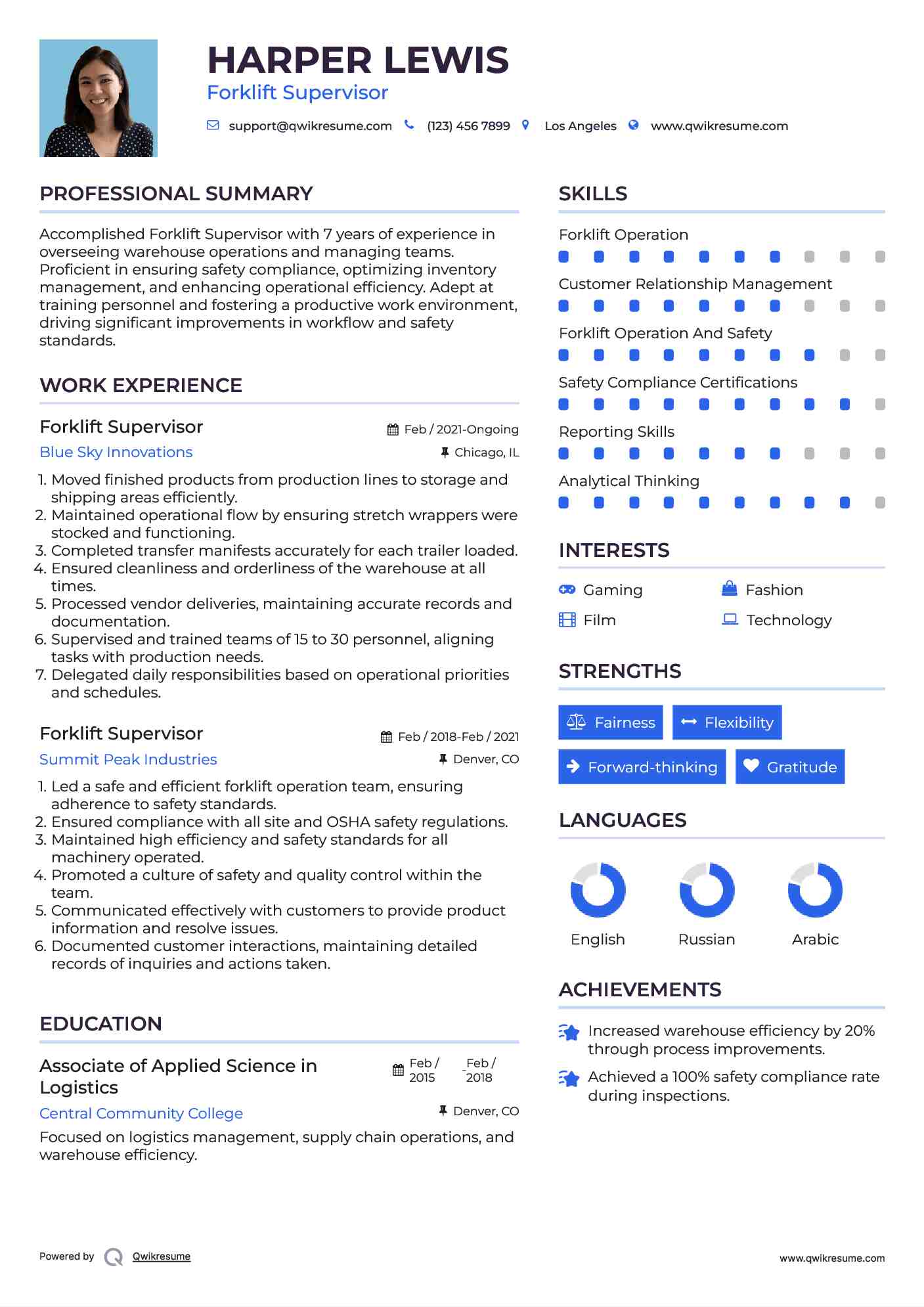 Forklift Supervisor Resume Example