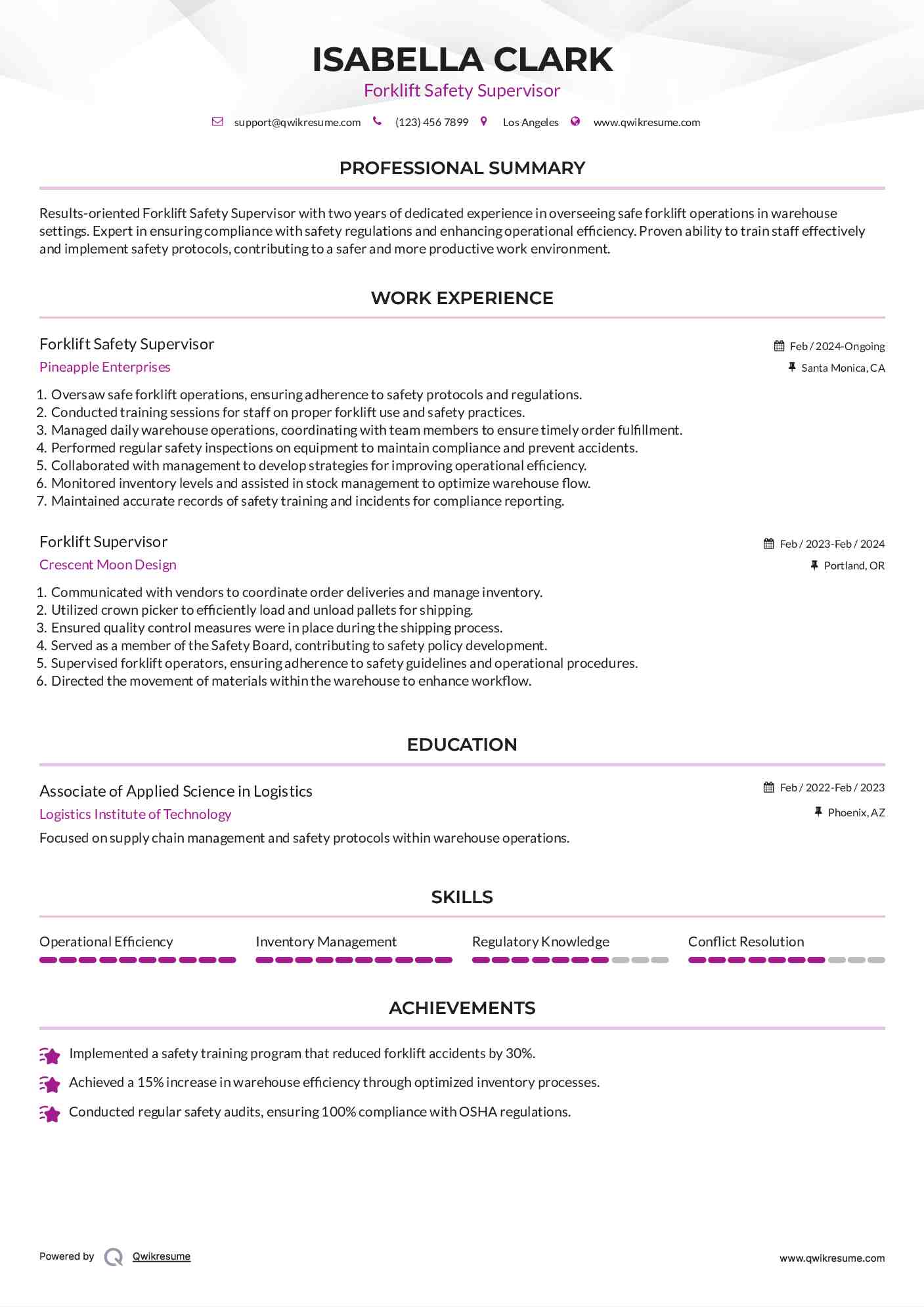 Forklift Safety Supervisor Resume Format
