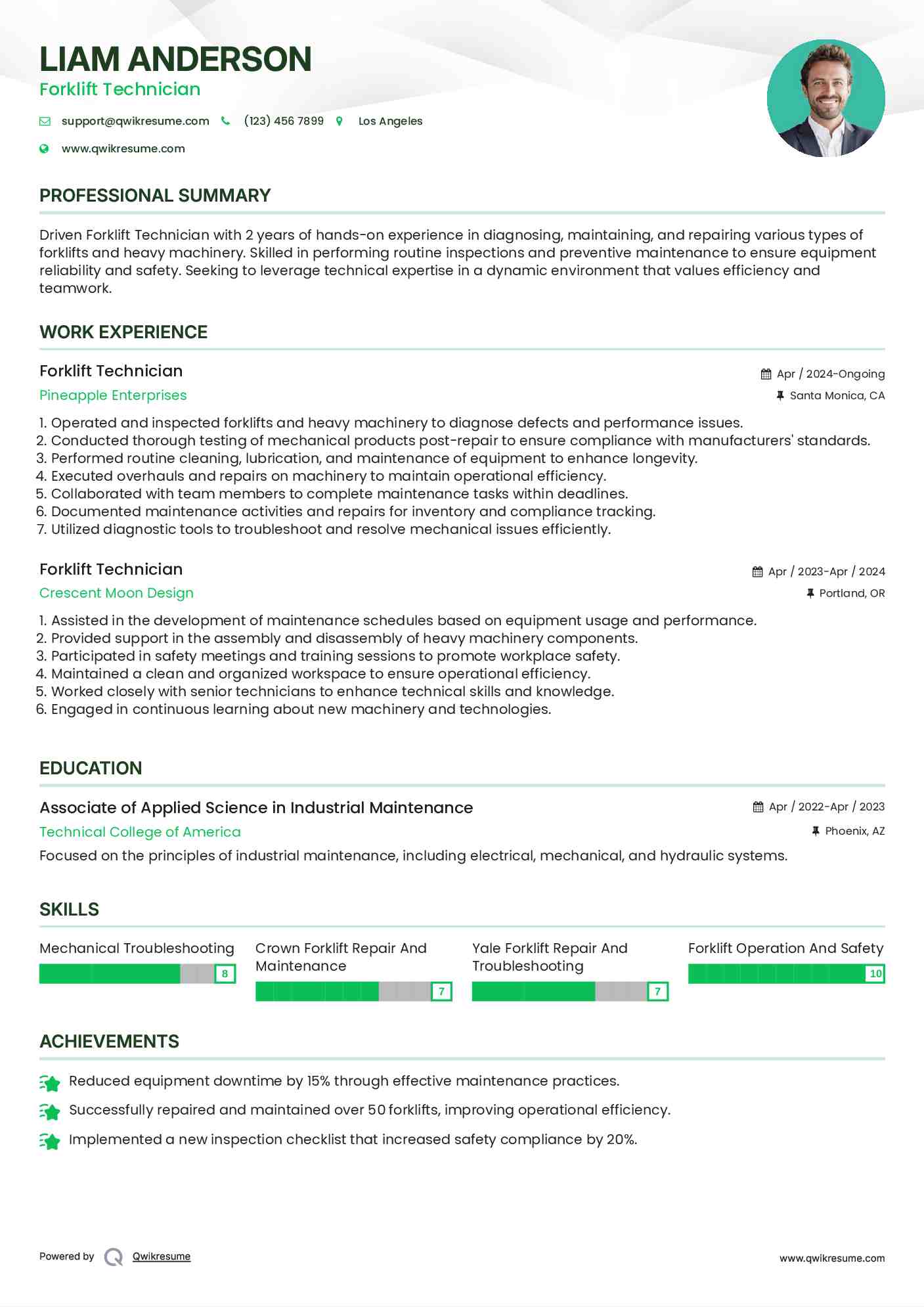 Forklift Technician Resume Example