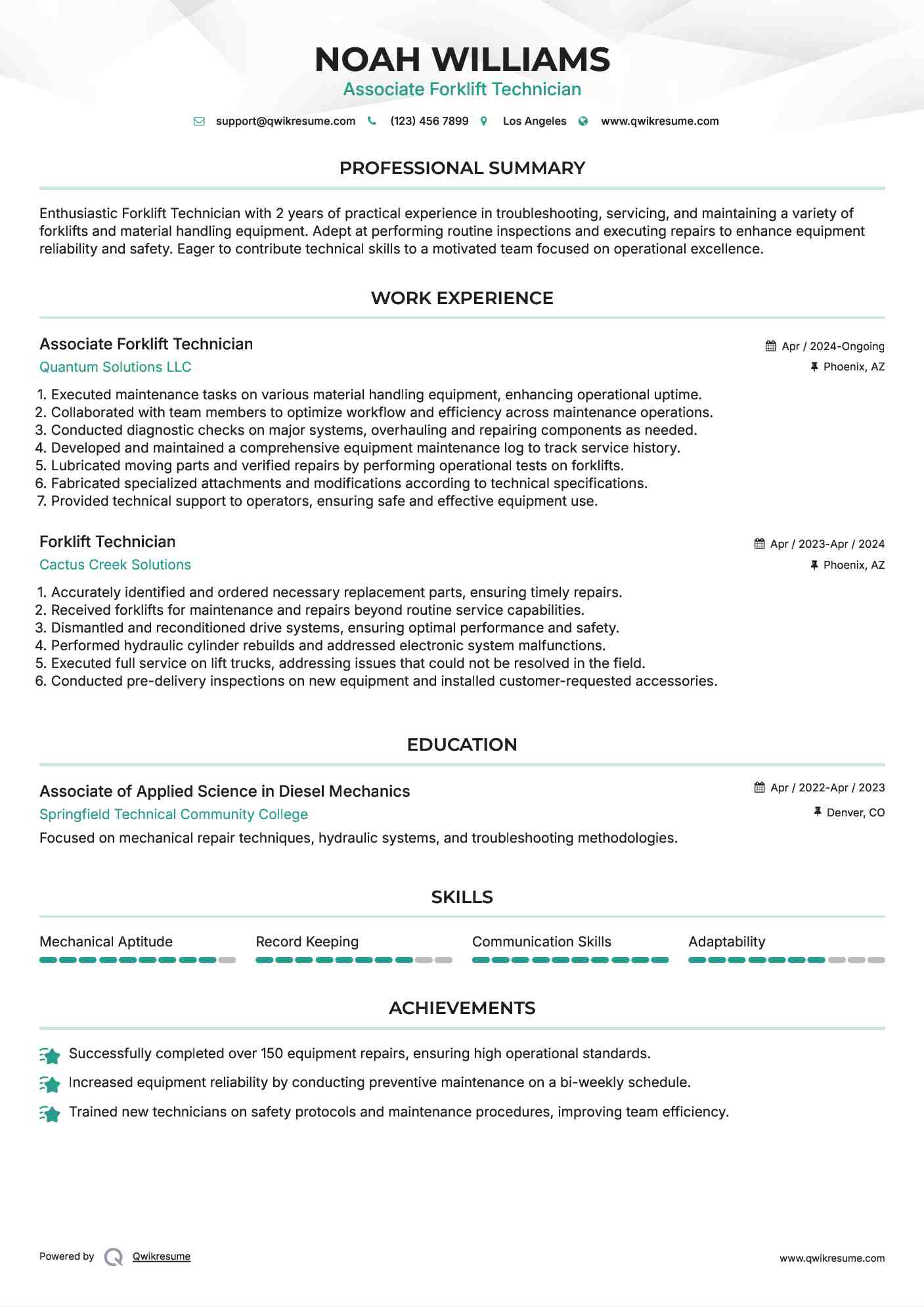 Associate Forklift Technician  Resume Example