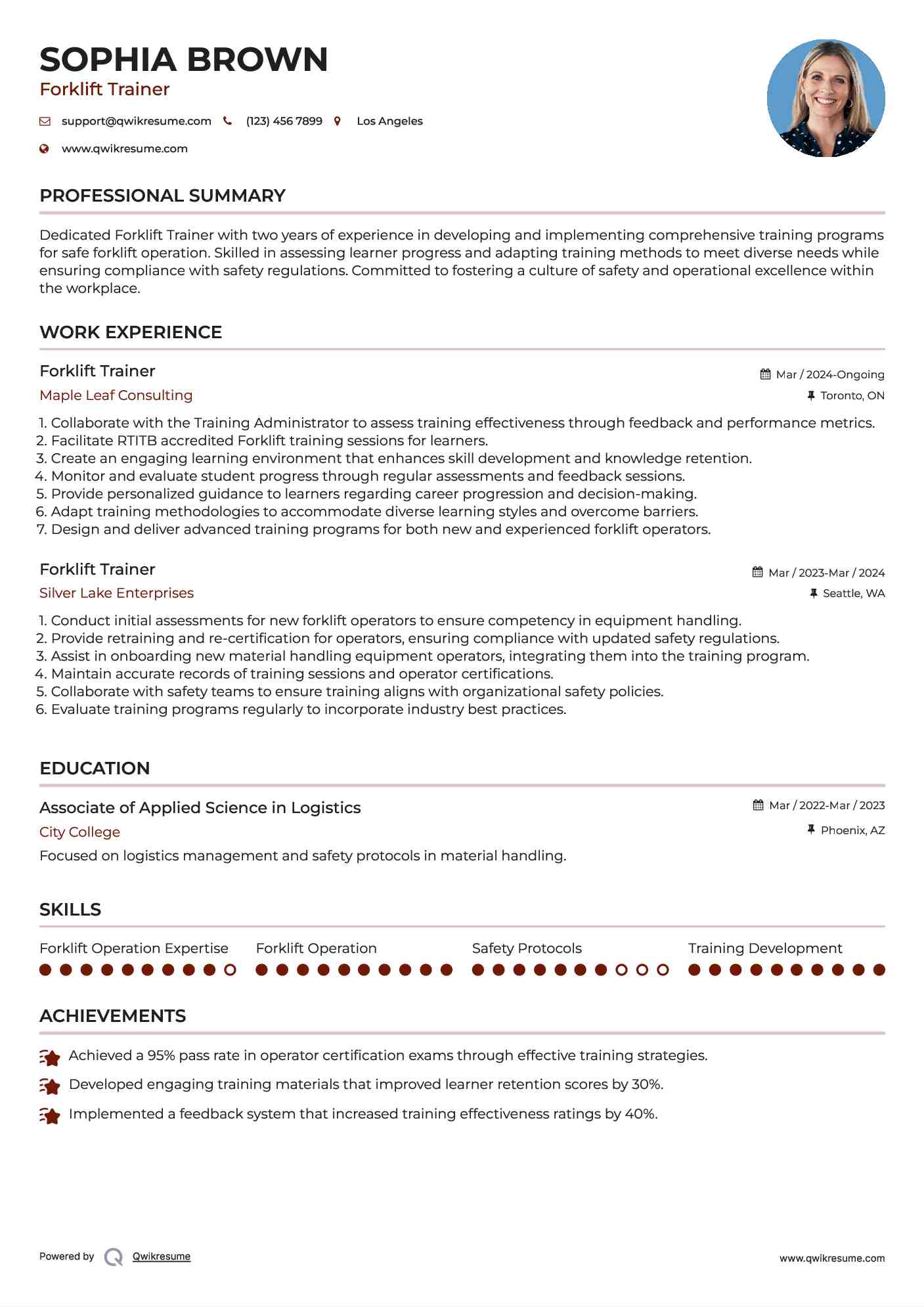Forklift Trainer Resume Example