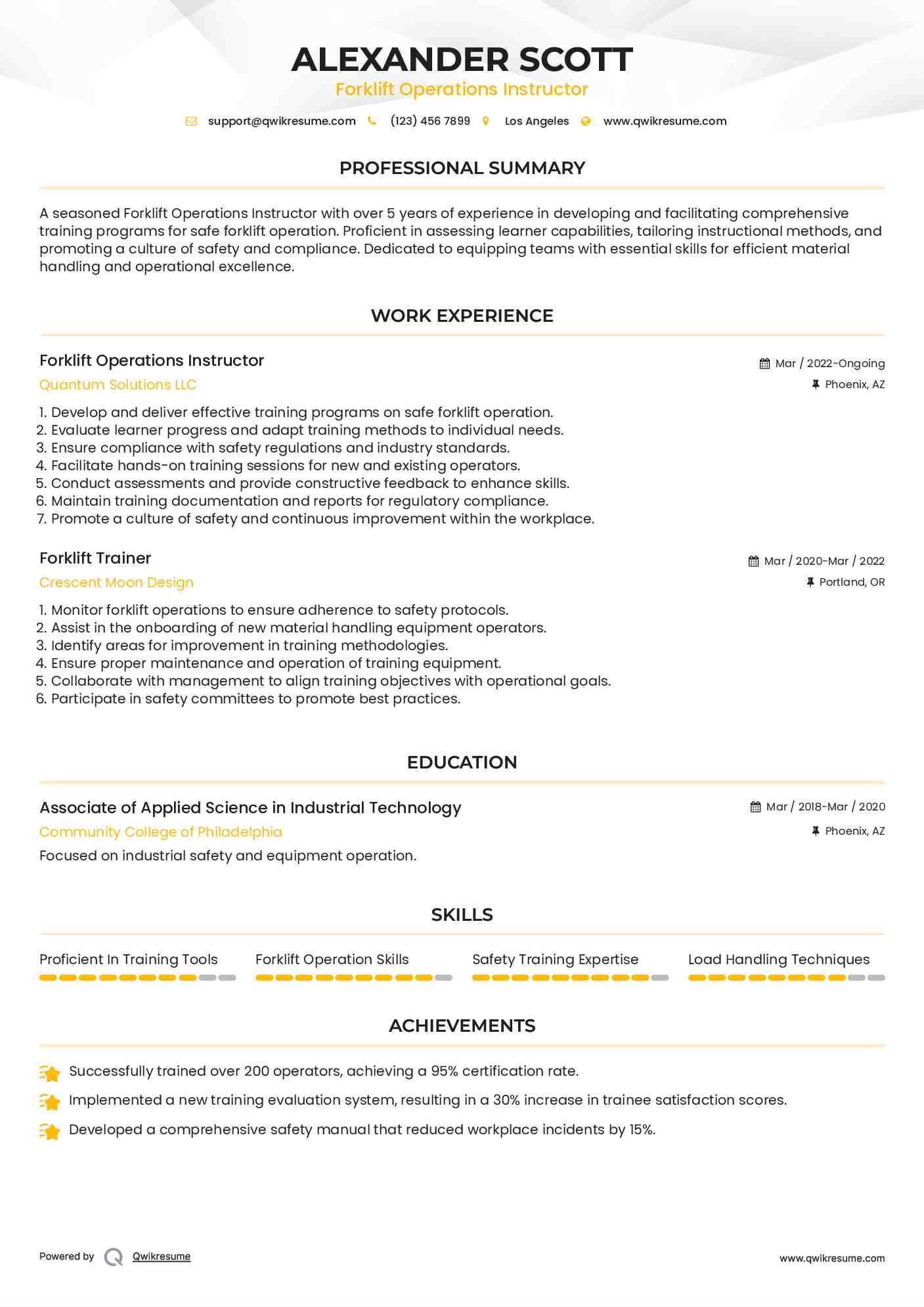 Forklift Operations Instructor Resume Example