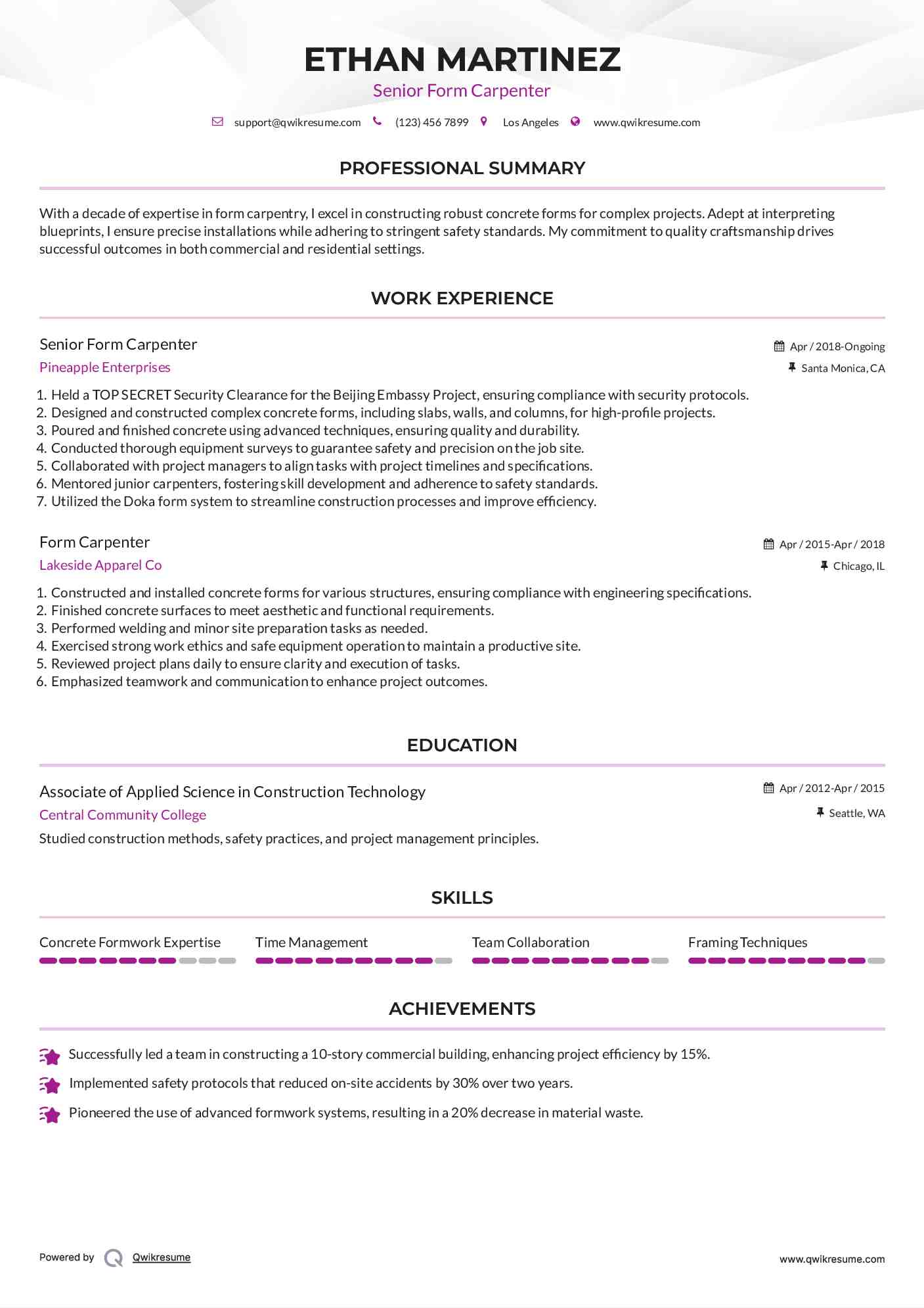 Senior Form Carpenter Resume Sample