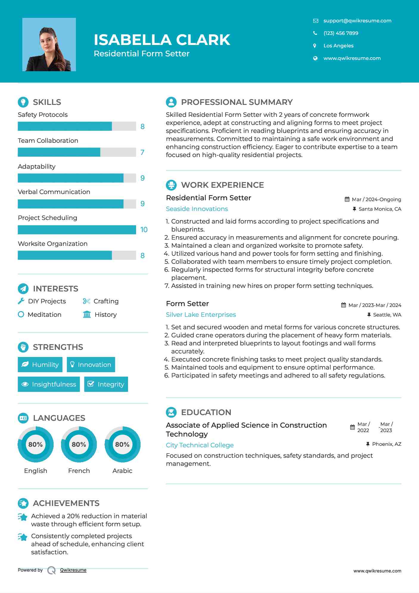 Residential Form Setter Resume Example