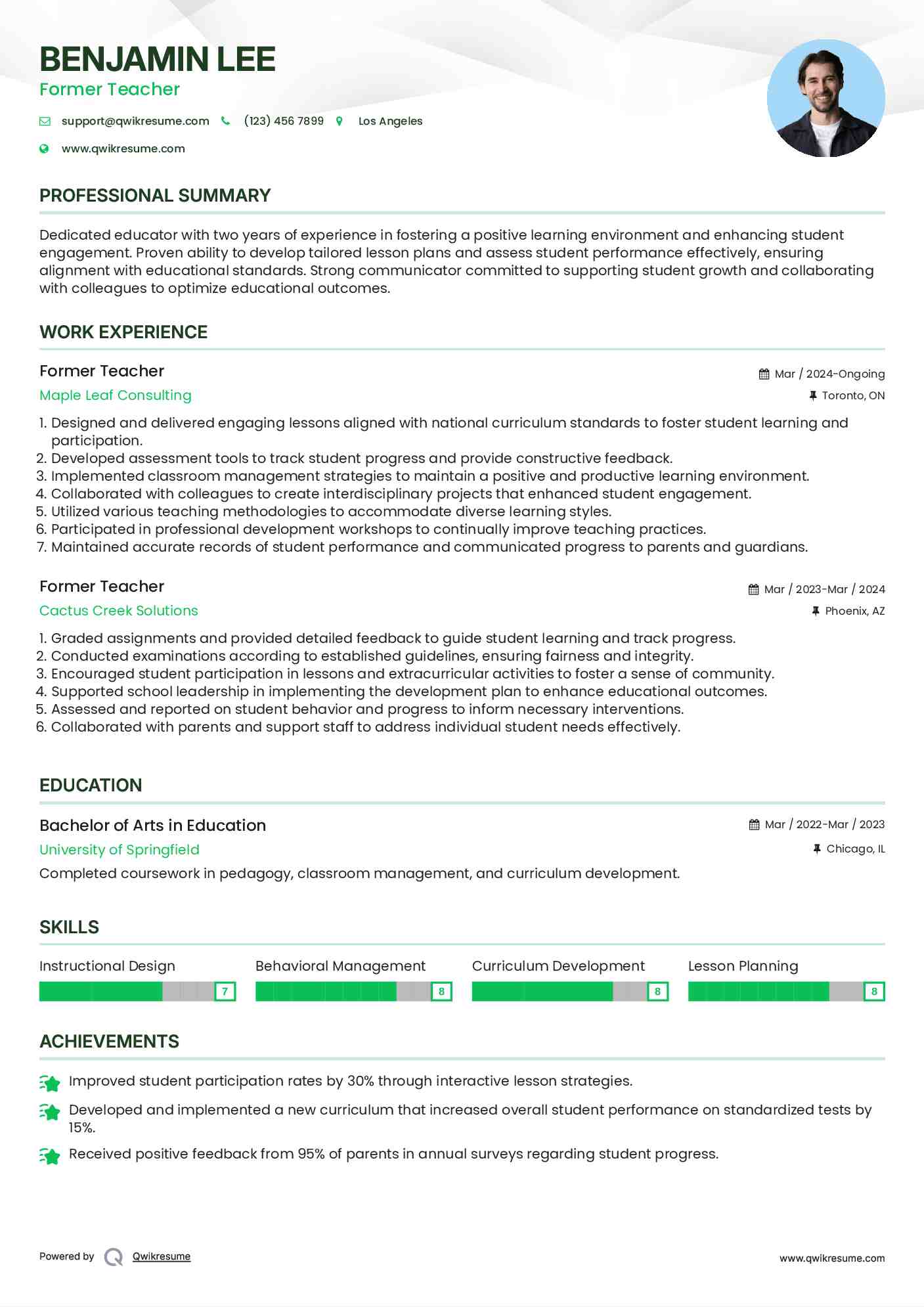 Former Teacher Resume Sample