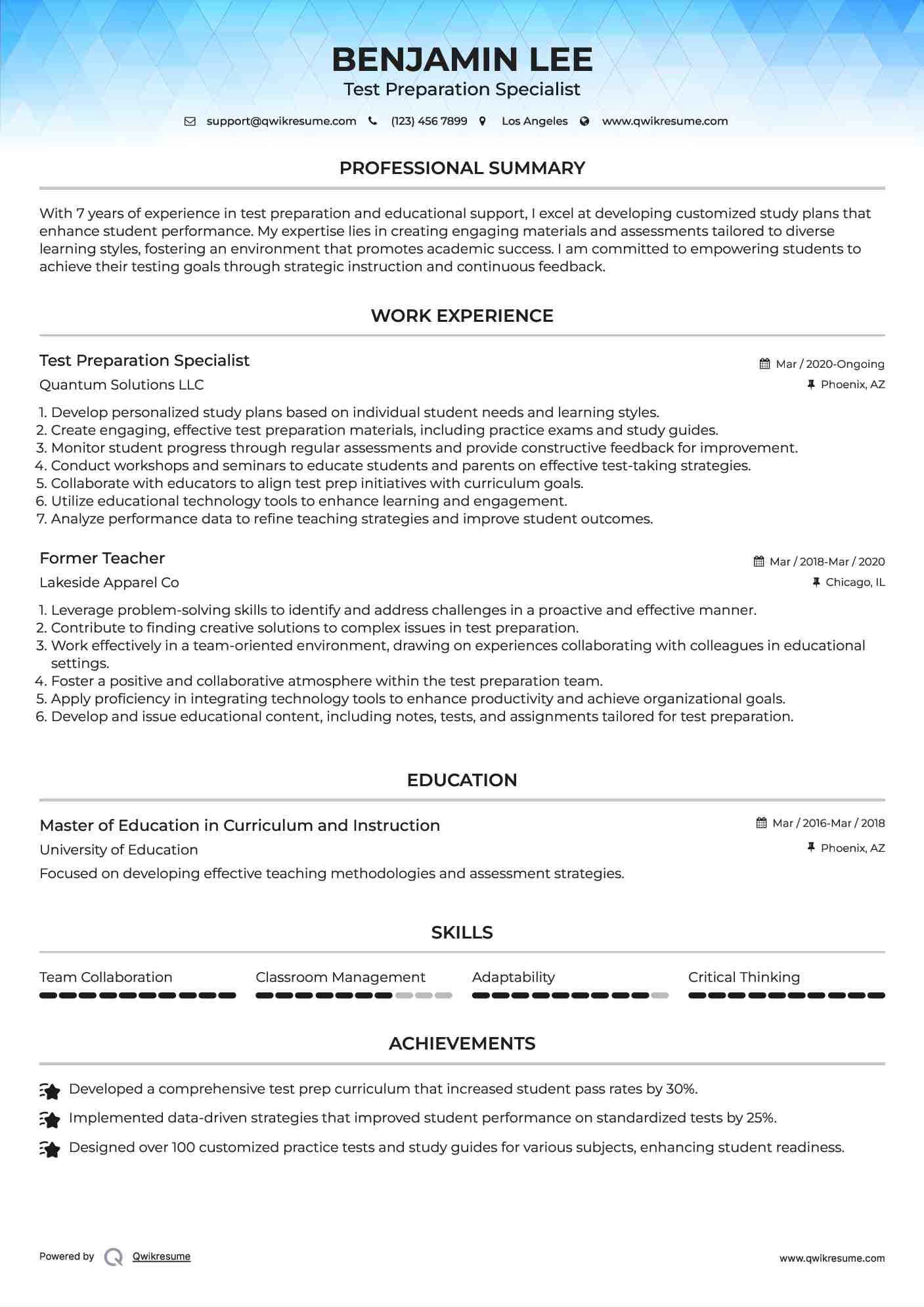 Test Preparation Specialist Resume Sample