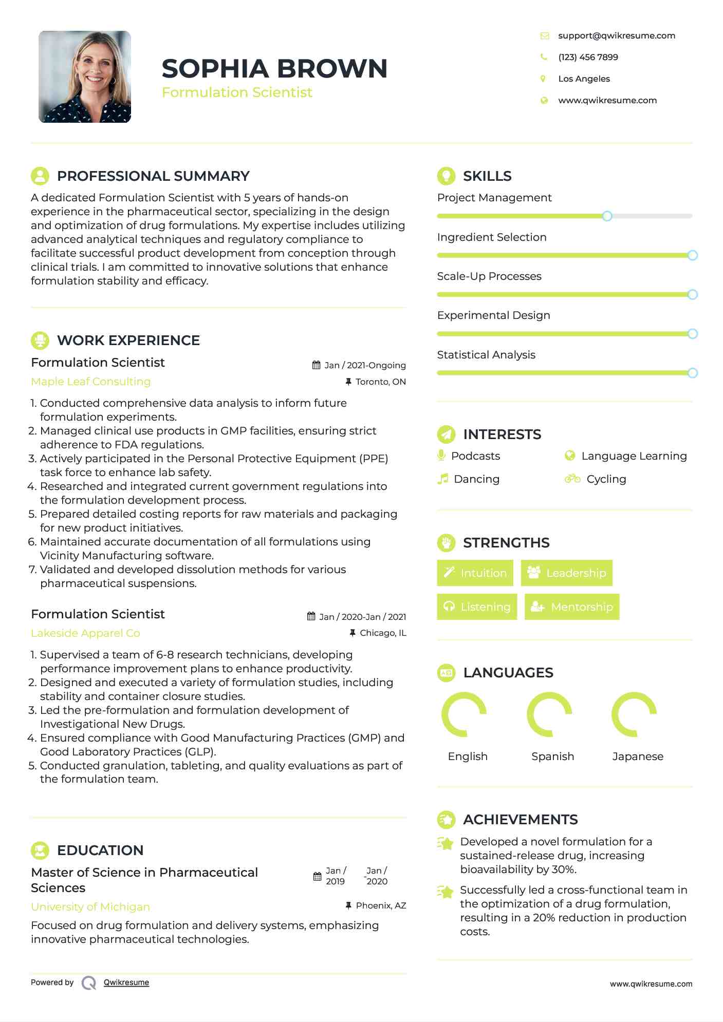Formulation Scientist Resume Example