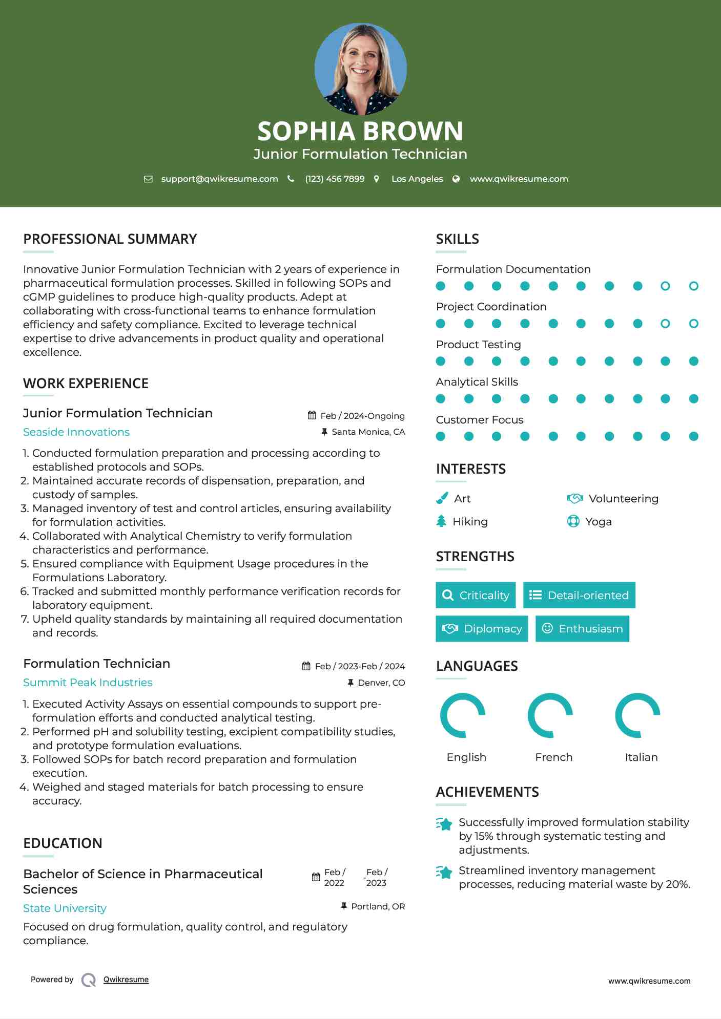 Junior Formulation Technician Resume Format