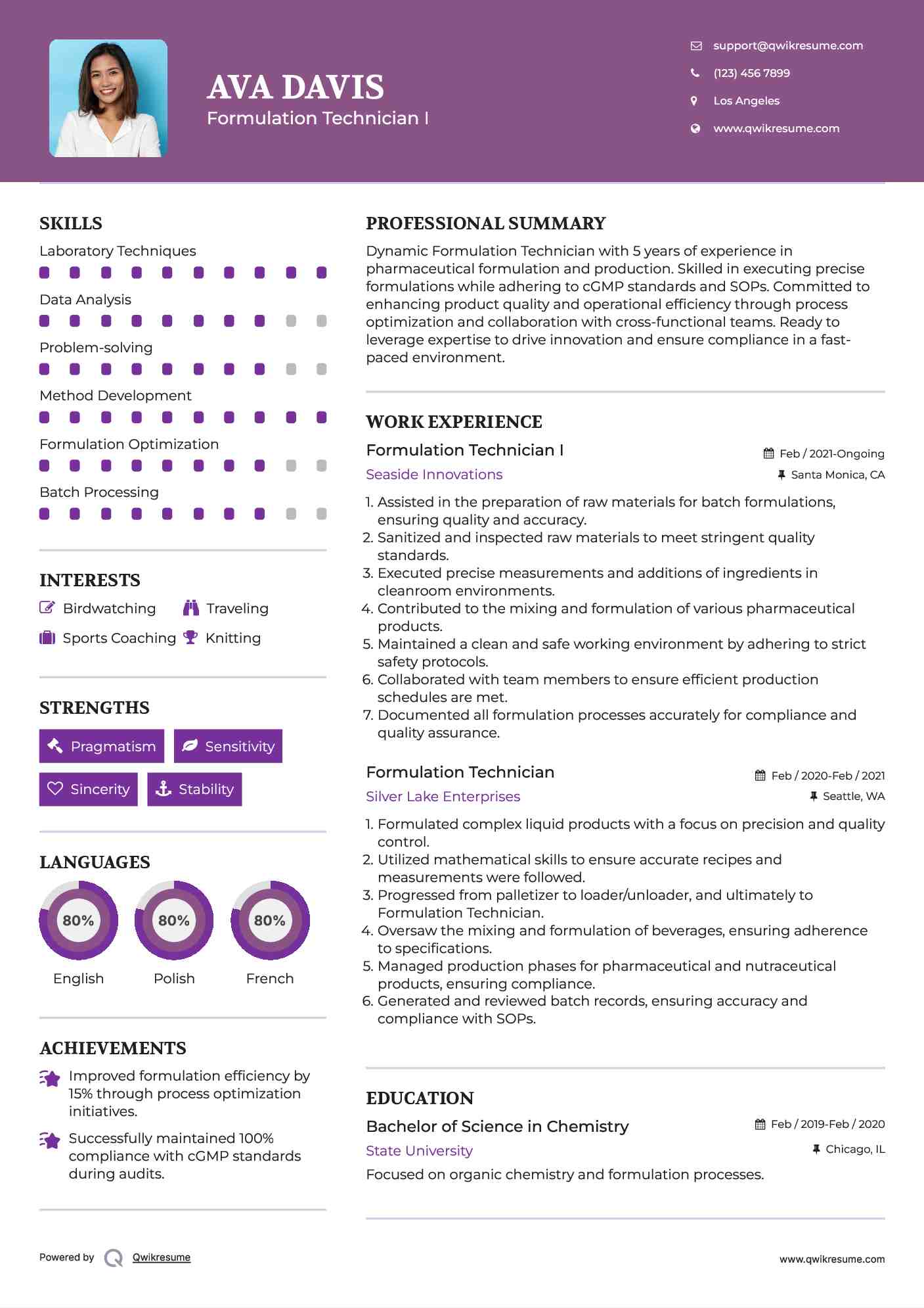 Formulation Technician I Resume Model