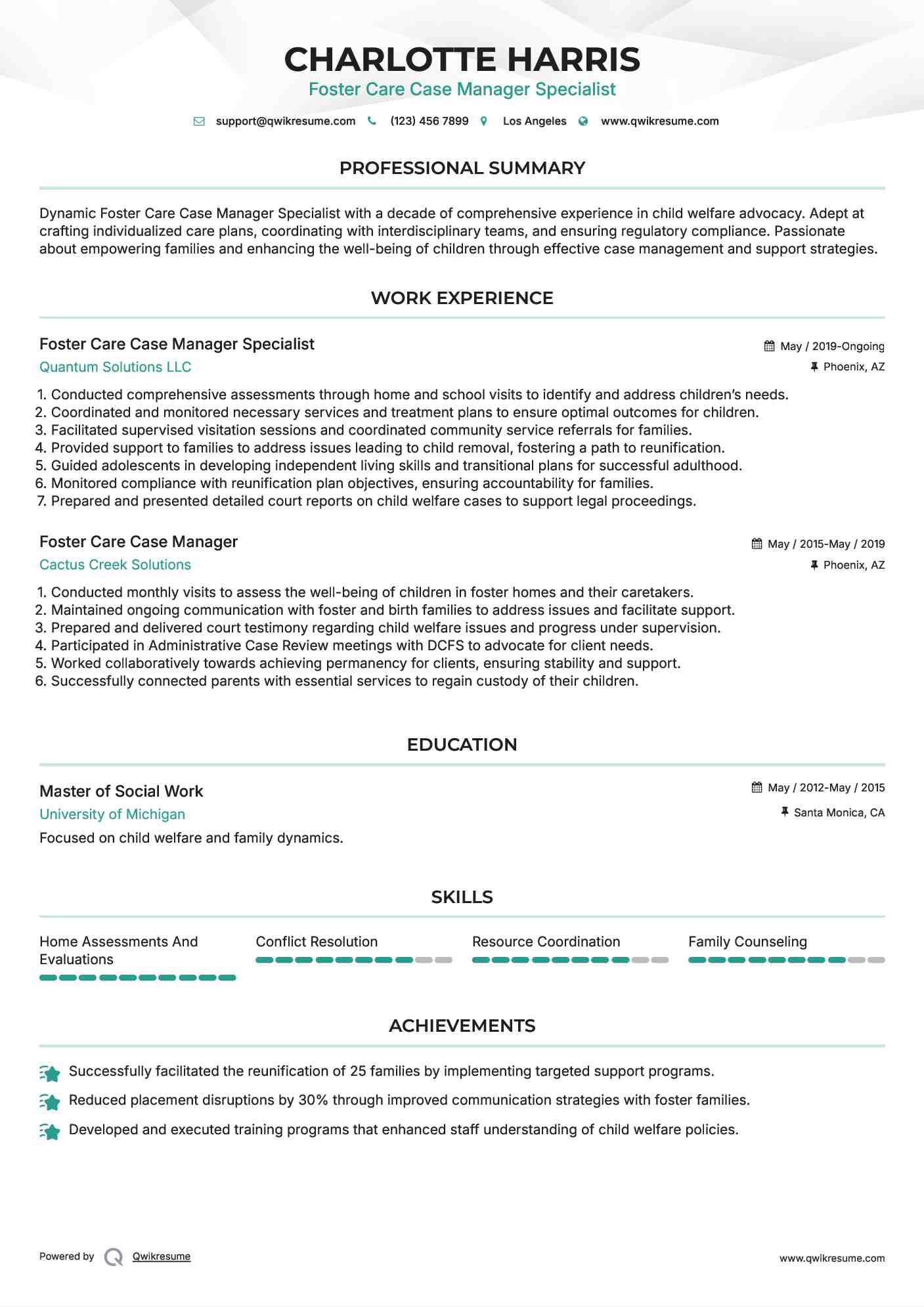 Foster Care Case Manager Specialist Resume Model
