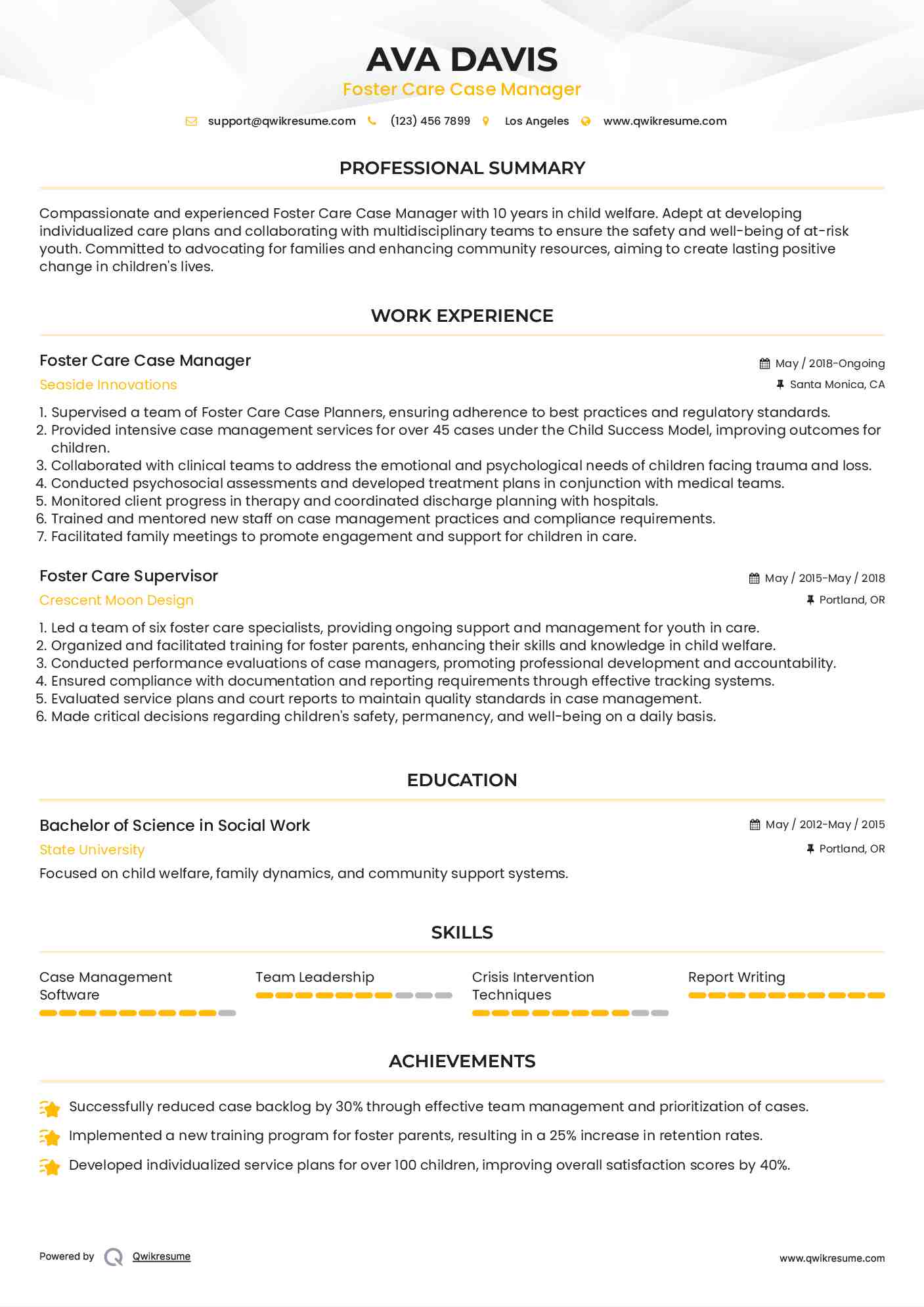 Foster Care Case Manager Resume Format