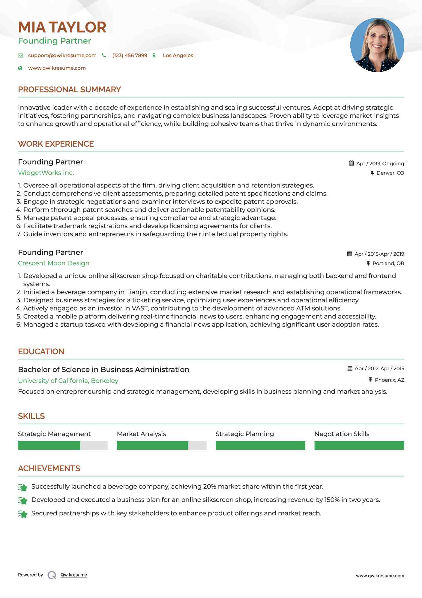 Founding Partner Resume Format