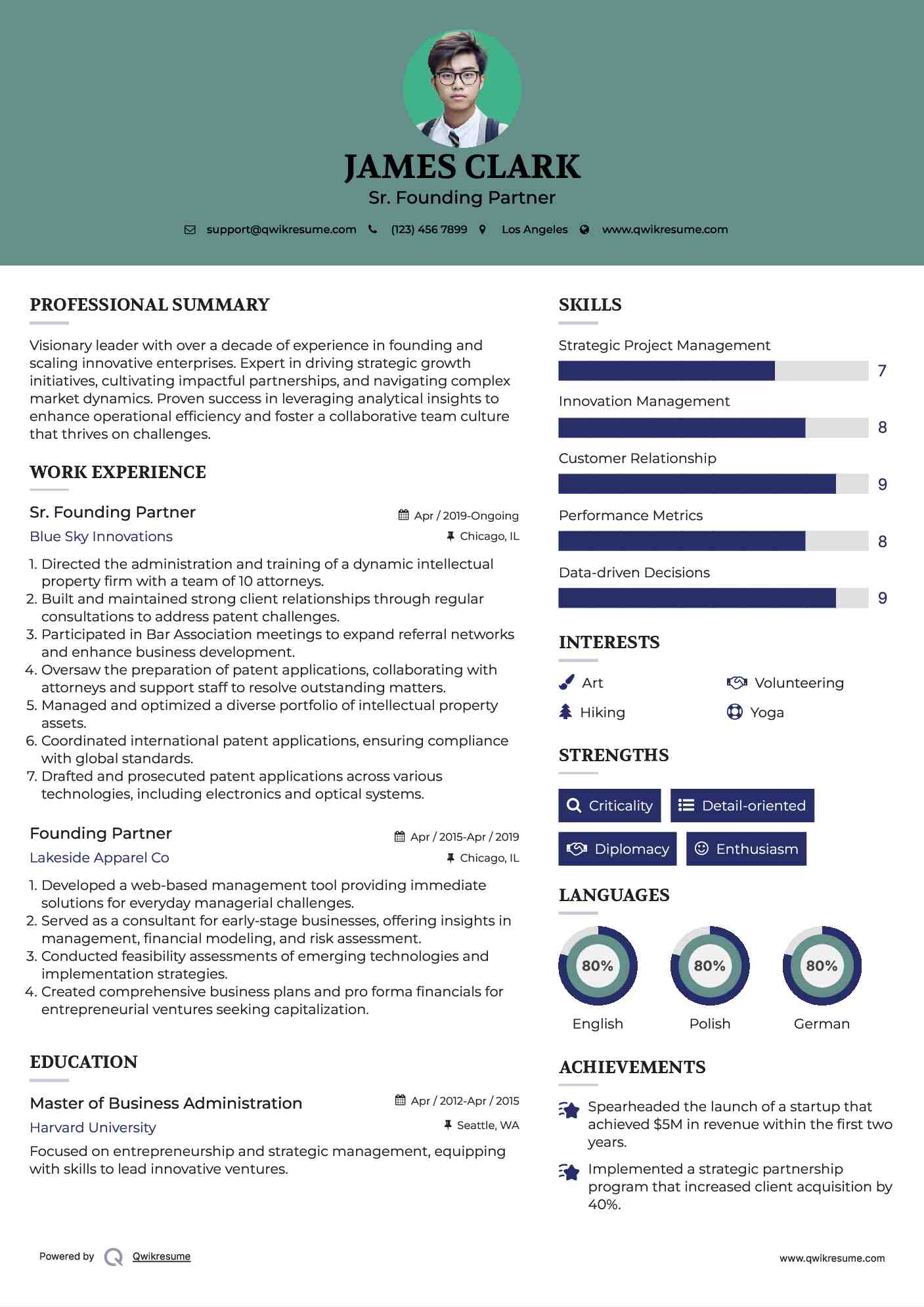 Sr. Founding Partner Resume Sample