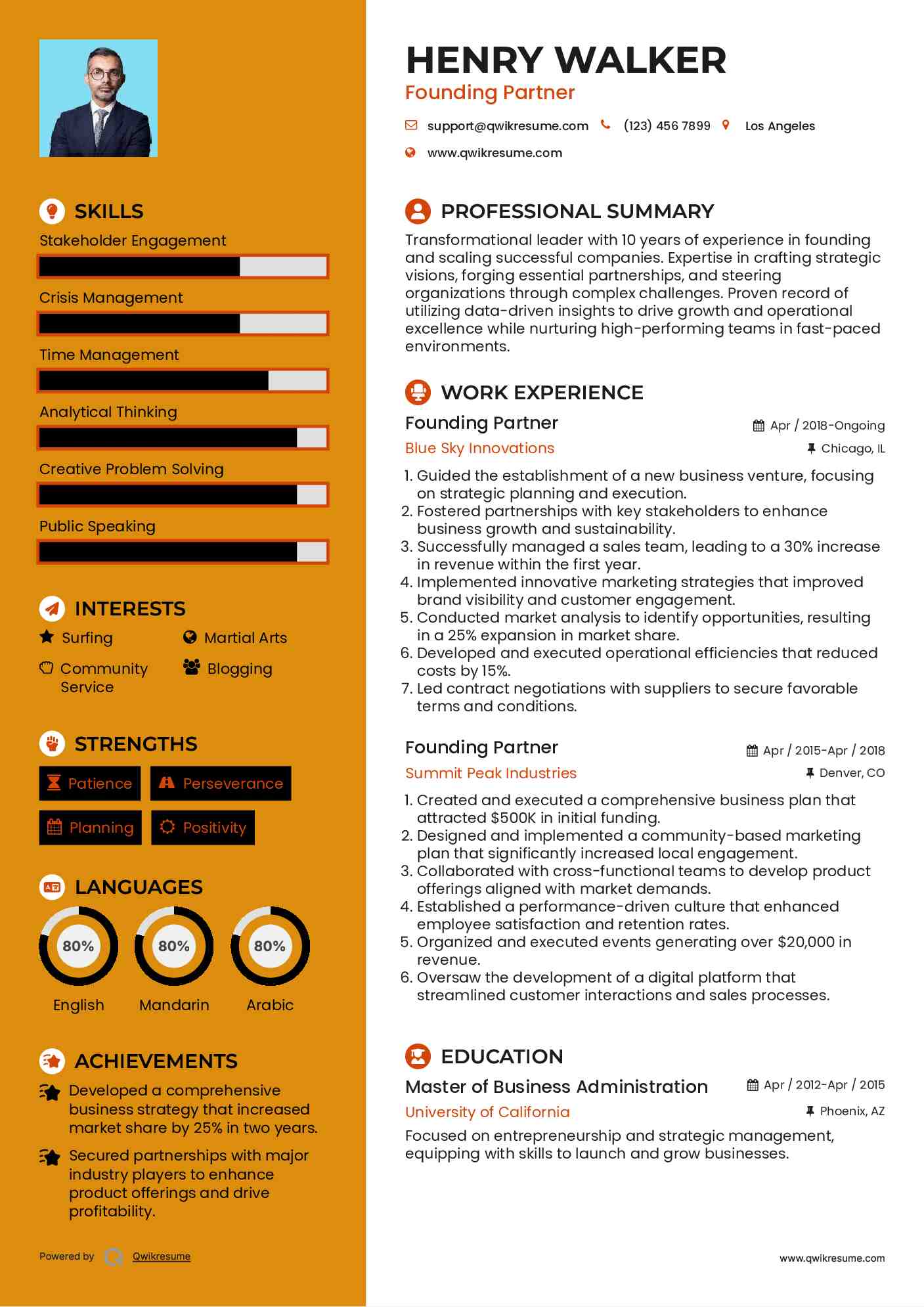 Founding Partner Resume Example