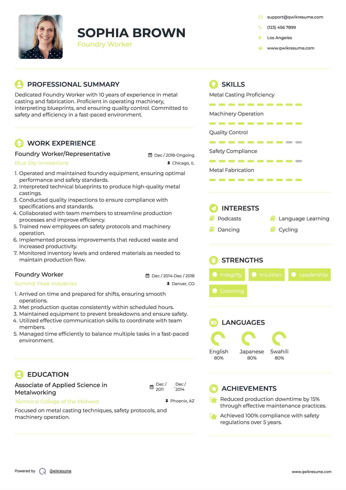 Foundry Worker/Representative Resume Sample