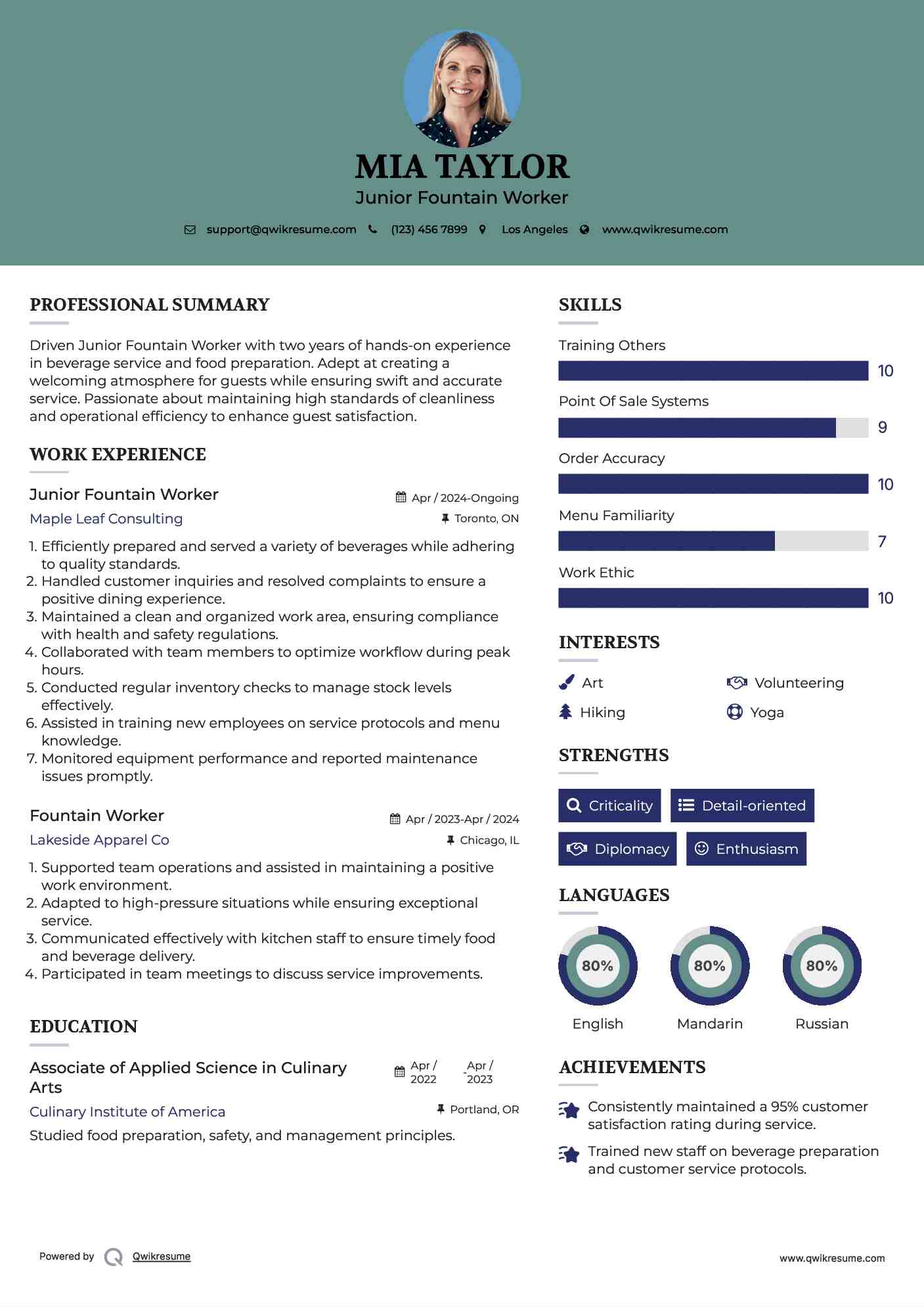 Junior Fountain Worker Resume Sample