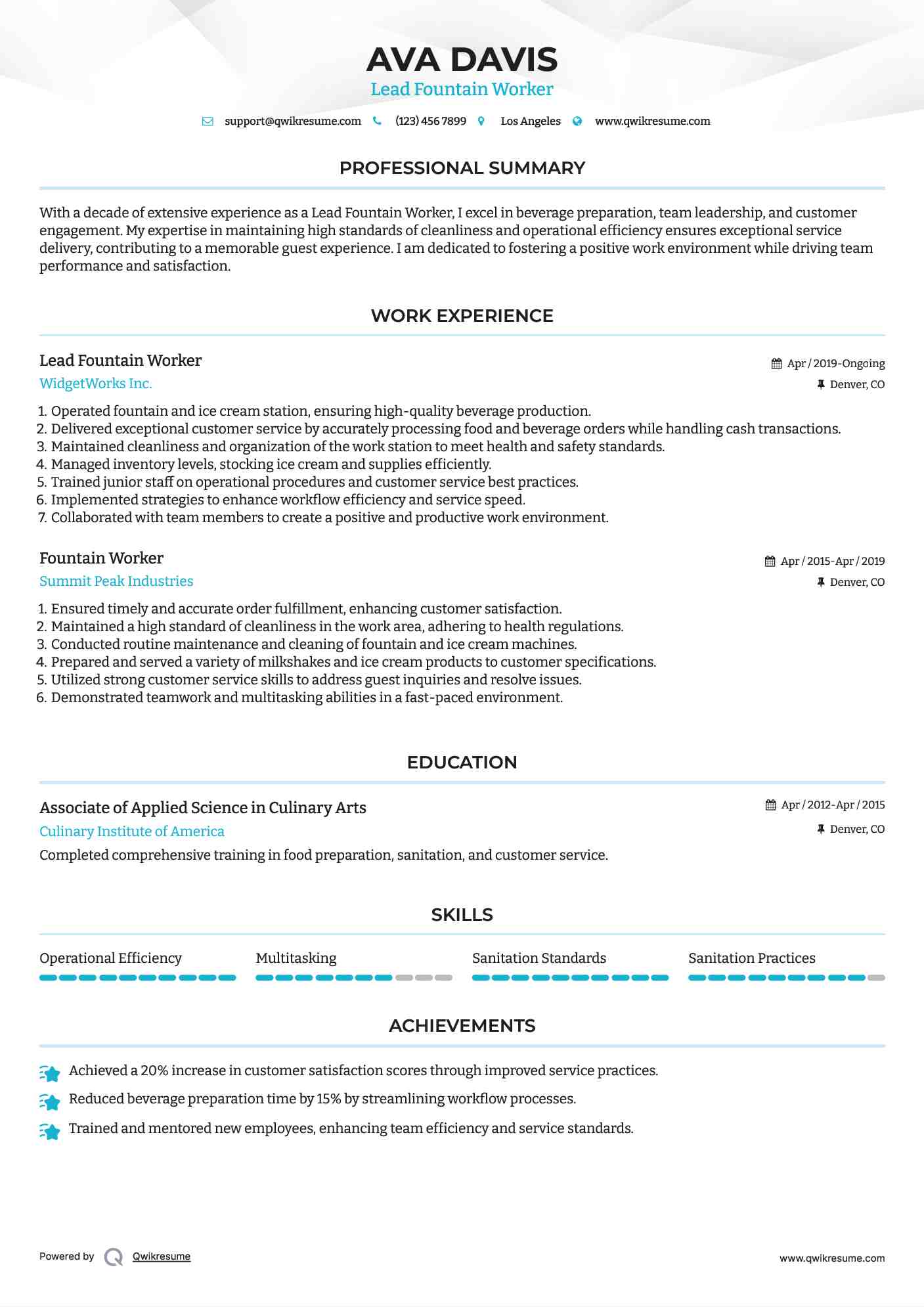 Lead Fountain Worker Resume Sample