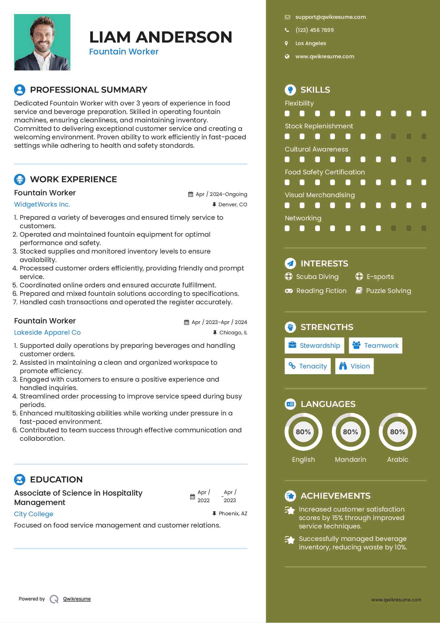 Fountain Worker Resume Template