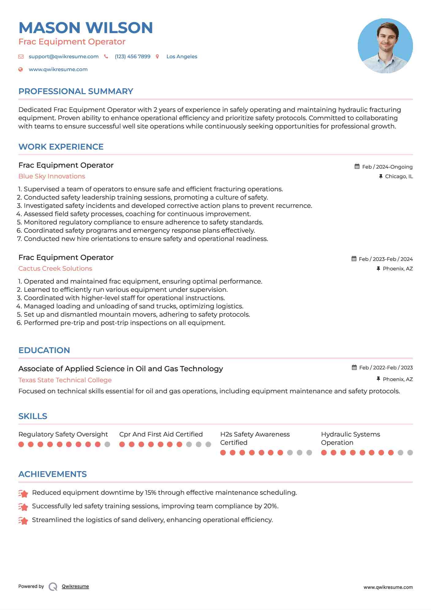 Frac Equipment Operator Resume Sample