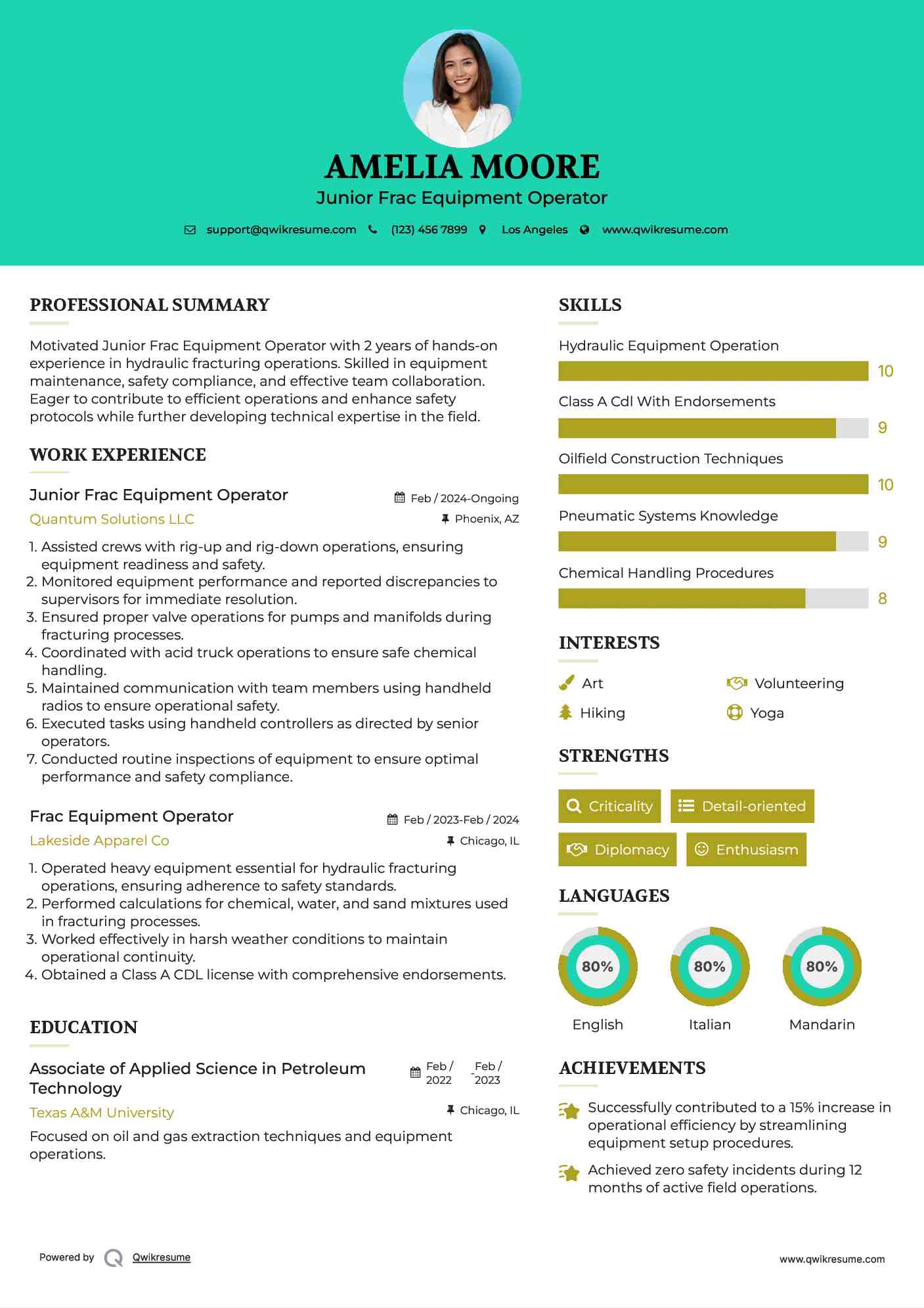 Junior Frac Equipment Operator Resume Format