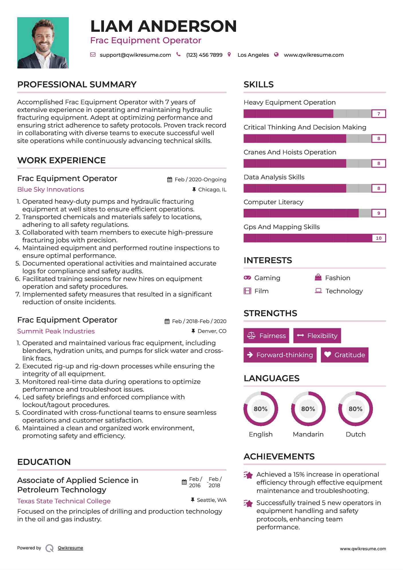 Frac Equipment Operator Resume Sample