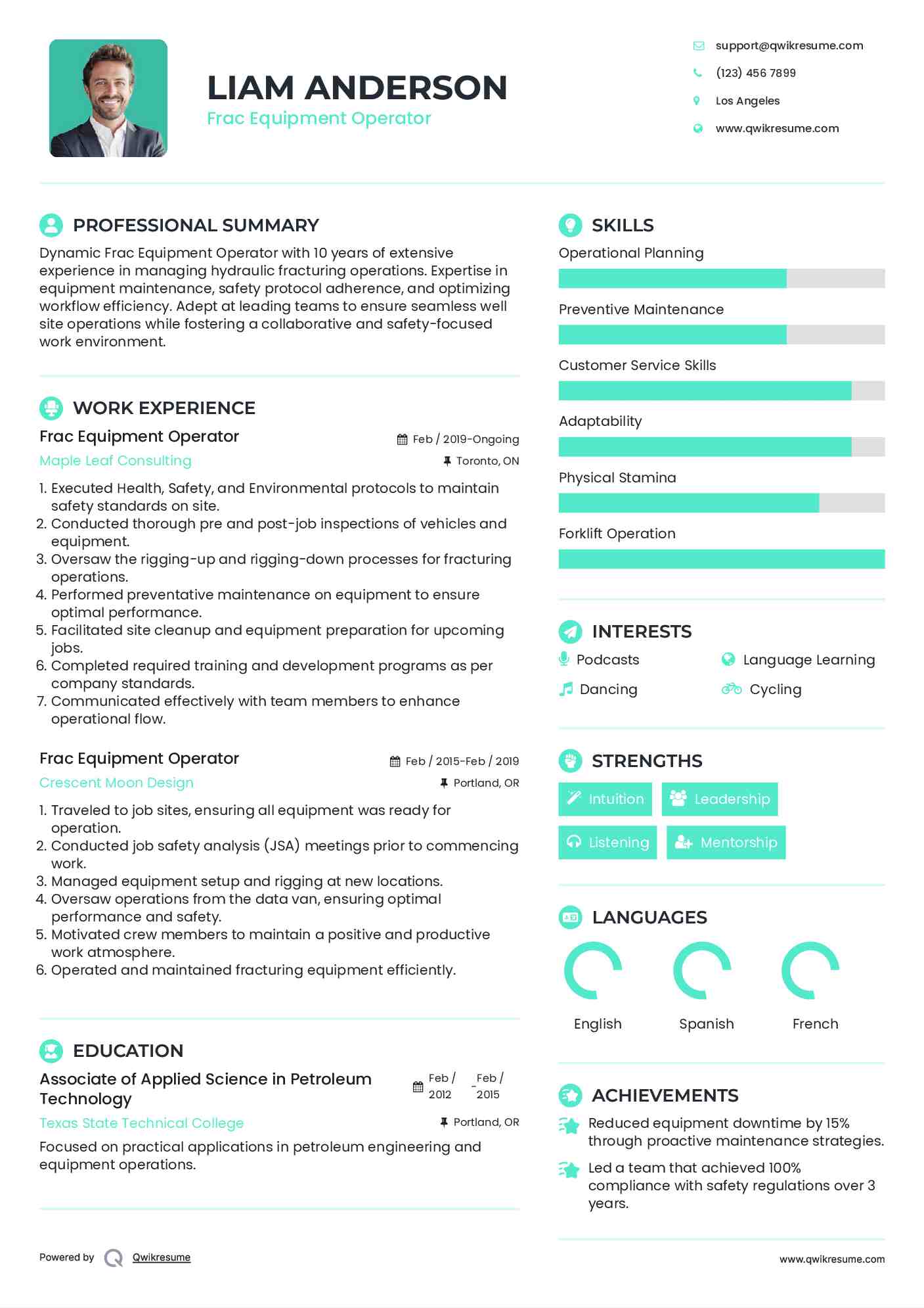 Frac Equipment Operator Resume Sample