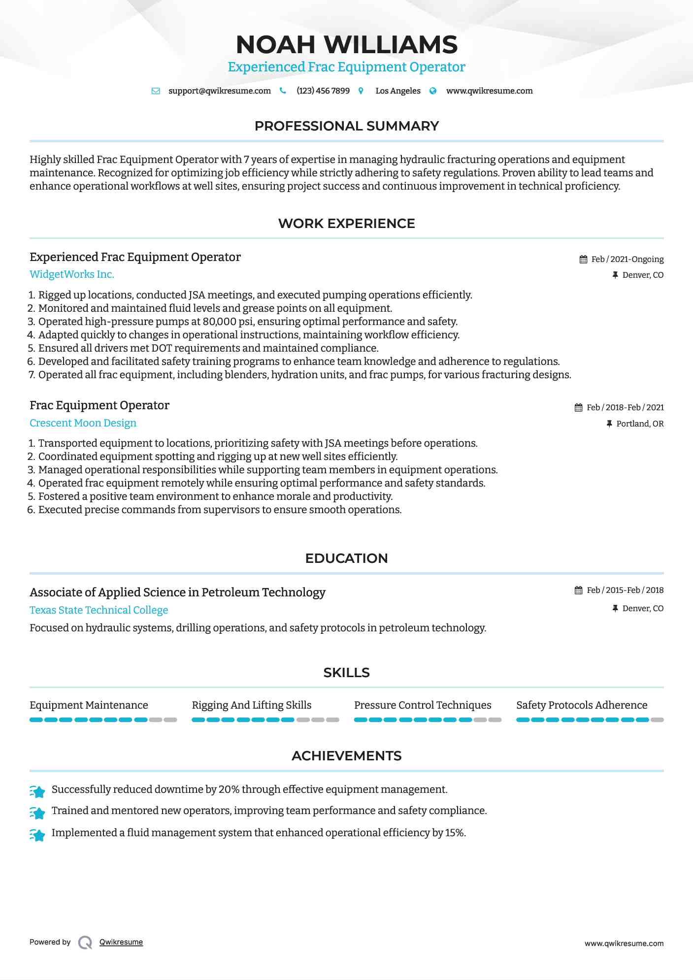 Experienced Frac Equipment Operator Resume Model