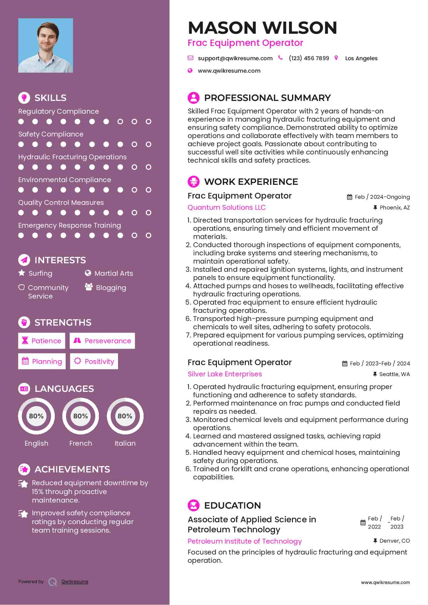 Frac Equipment Operator Resume Model