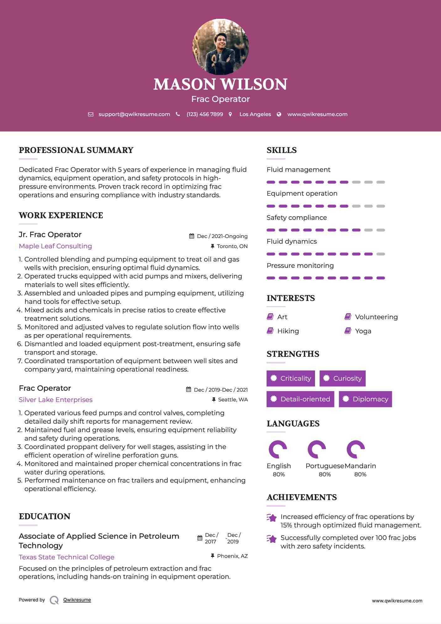 Jr. Frac Operator Resume Model