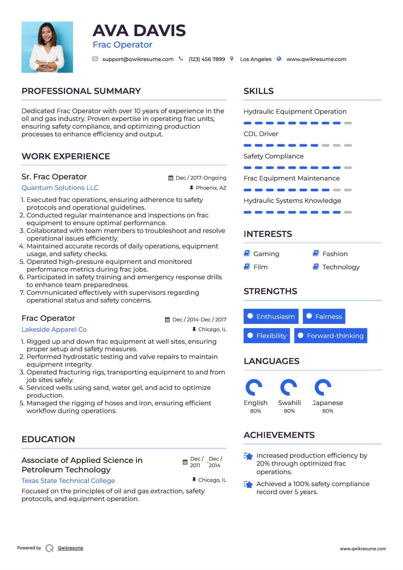 Sr. Frac Operator Resume Template