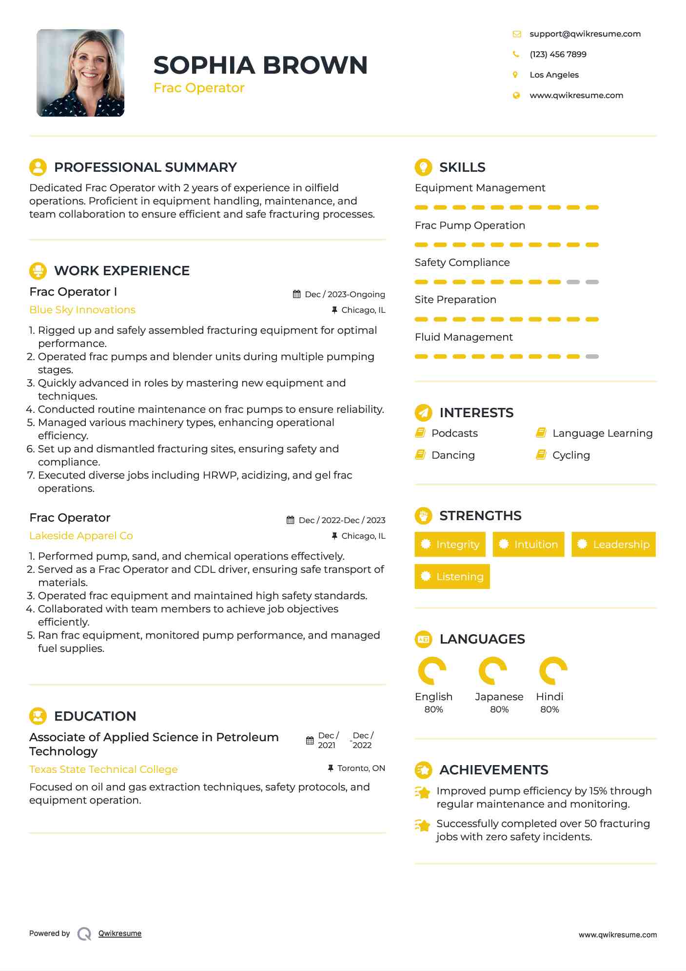 Frac Operator I Resume Sample