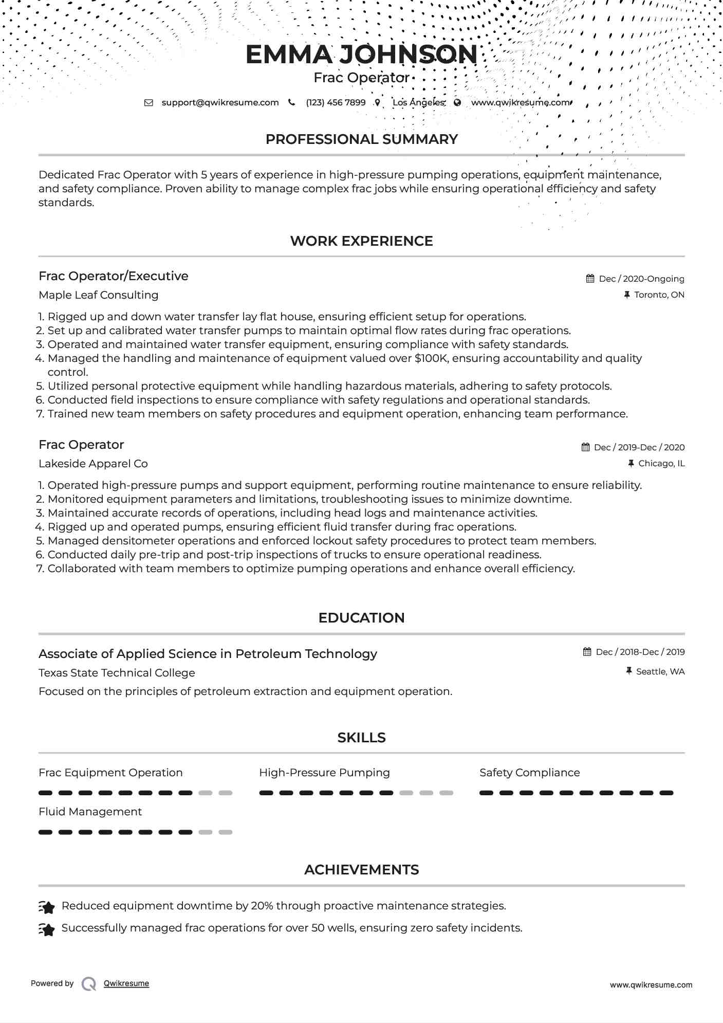 Frac Operator/Executive Resume Sample